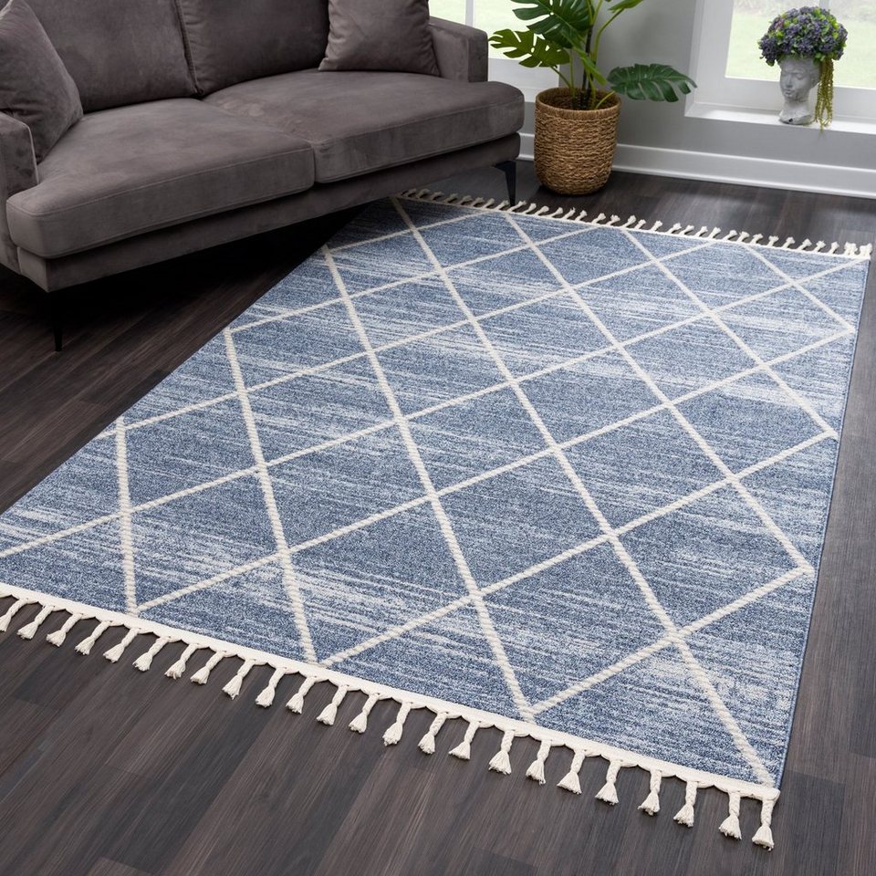 Teppich Fransenteppich - Skandi Floral - Blau-Cream Kurzflor Boho Style,  payé, Rechteckig, Höhe: 9 mm