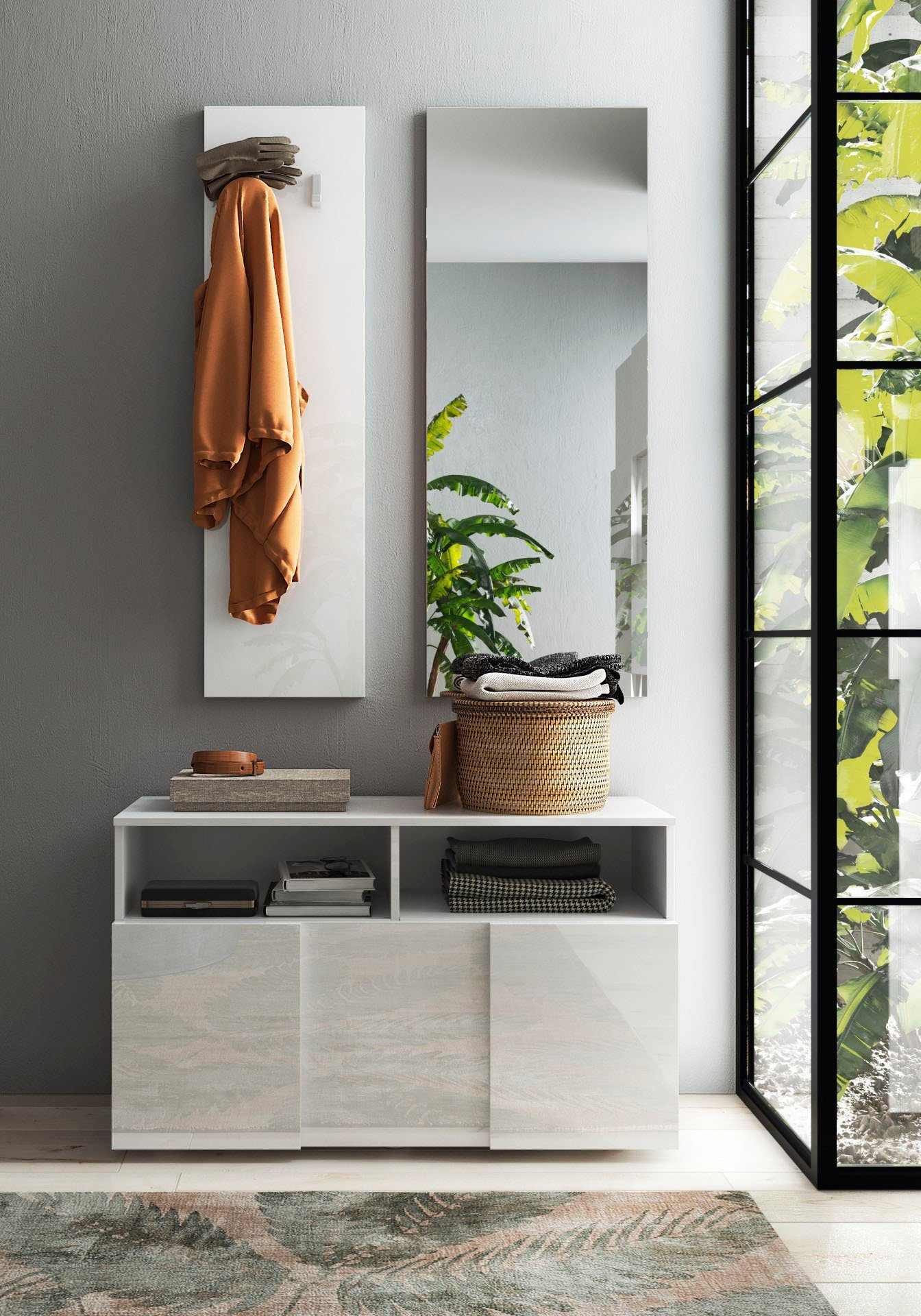 Home affaire Garderoben-Set Dama 3tlg. Breite 91 cm, Höhe 187 cm, Front in 3D-Optik, (3-St), (Schuhbank, Garderobenpaneel, Spiegel) Weiss Hochglanz Lack