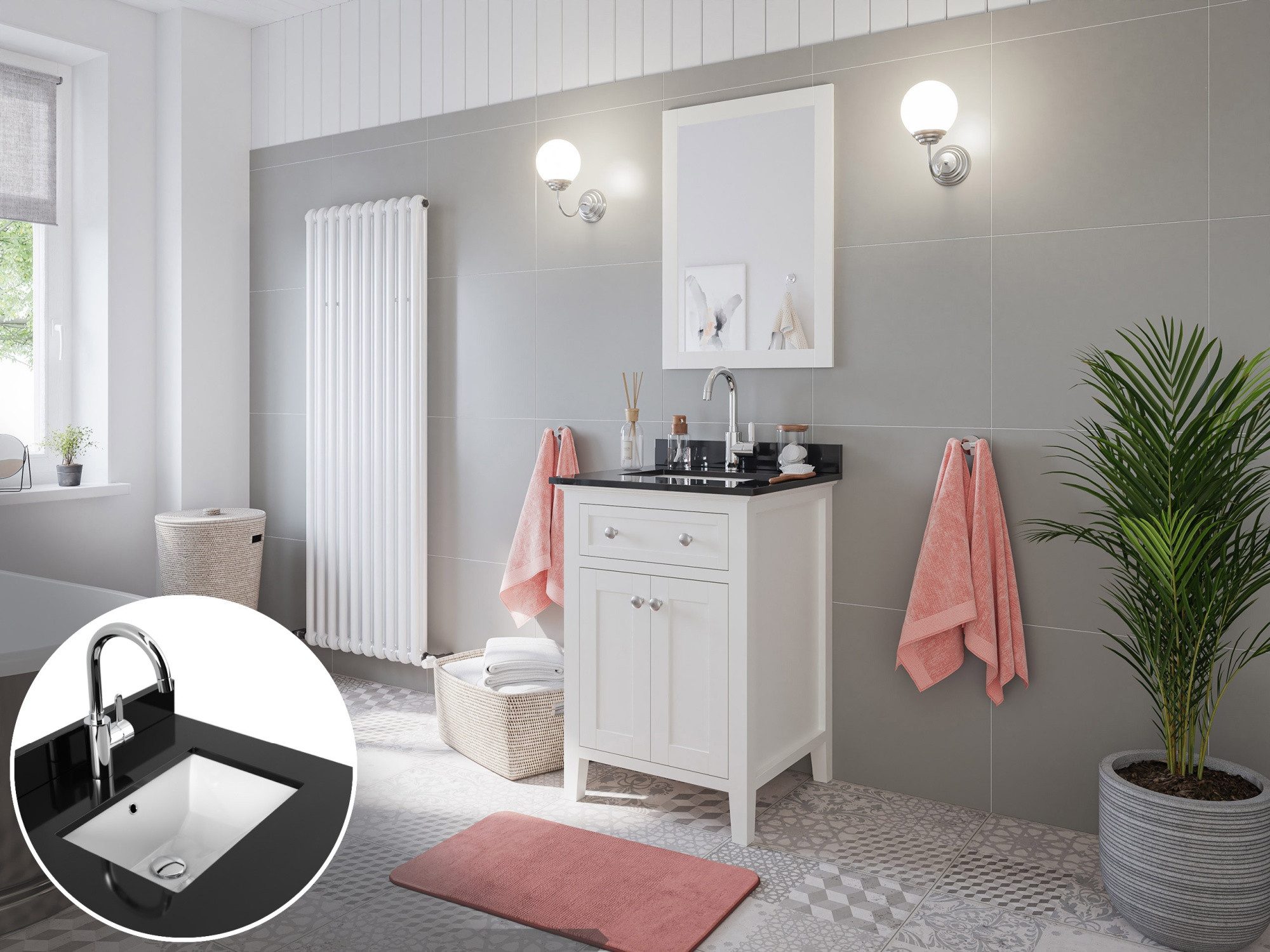 Magnolia Home Badmöbel-Set Landhaus Badmöbel-Set 2tlg Postigo 60 Quarz schwarz montiert weiss lac