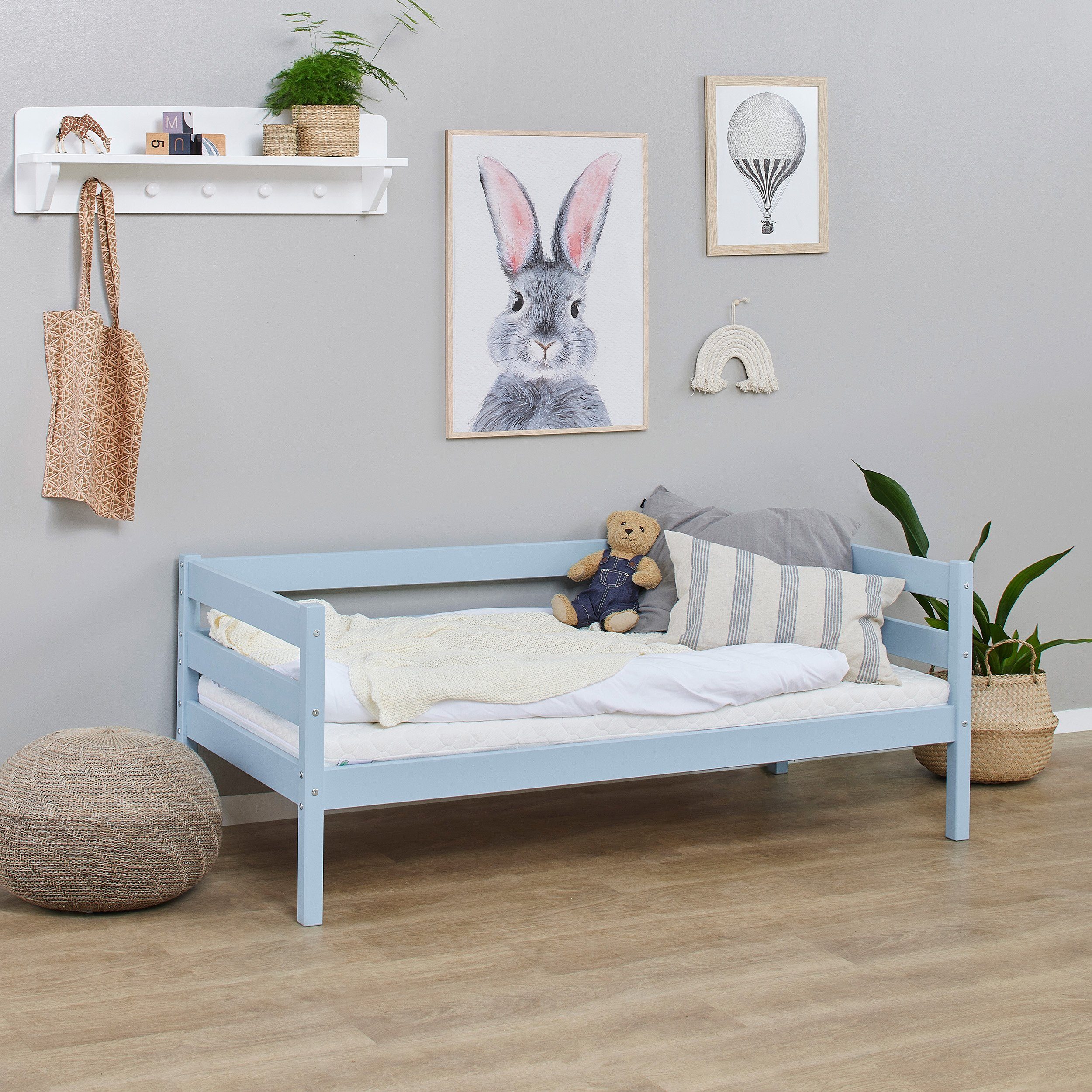 mit Comfort 70*160 massiv Kinderbett cm ECO Juniorbett Rollrost Hoppekids Kiefer Blau