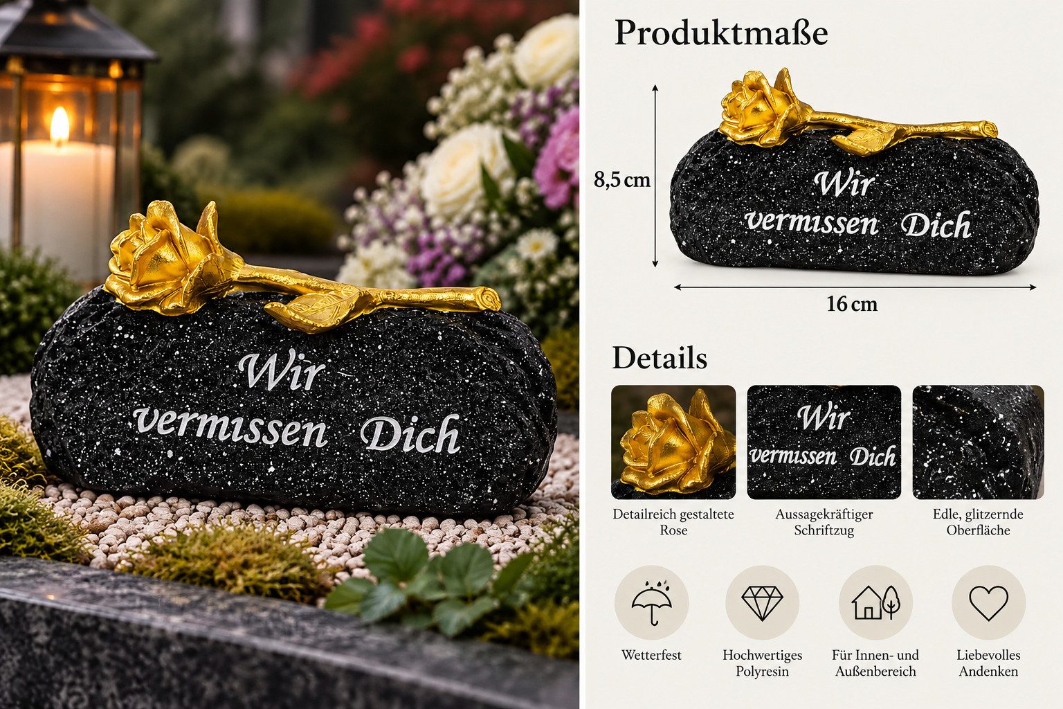MF Grabkerze Gedenkstein mit goldener Rose und Schriftzug – Schwarz, 16 cm (1-tlg) – Bild 3 von 3