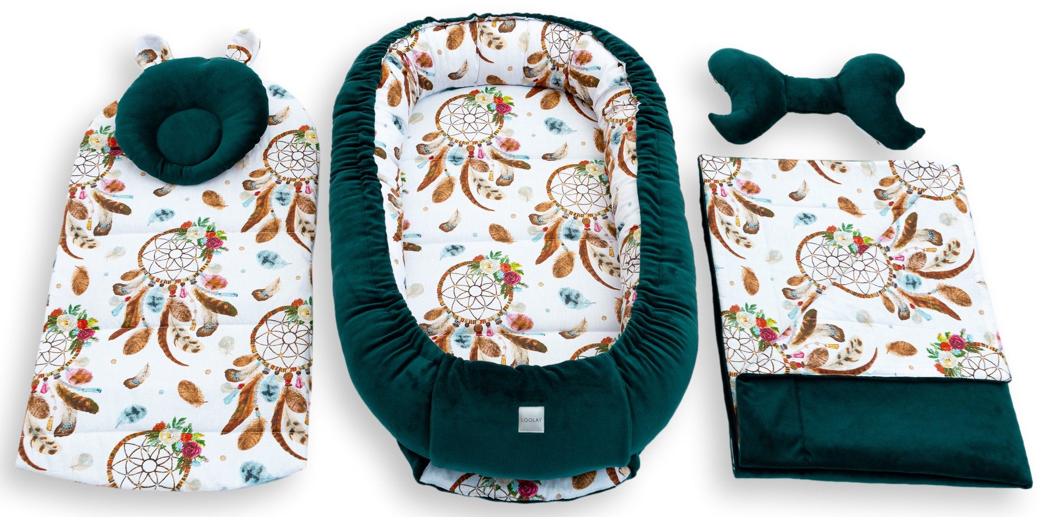 Loolay Kuschelnest BABYNEST 5 TLG. Set PREMIUM Babyausstattung Baumwolle & Samt Velours, (MUSTER: GRÜN Samt Velour/ Traumfänger BOHO, 5-tlg., Liebevoll handgefertigt Nestchen! Geborgenheit Komfort für Neugeborene), Premium Ausstattung - 100% Europäische Stoffe und Kleinserien-Nähen!