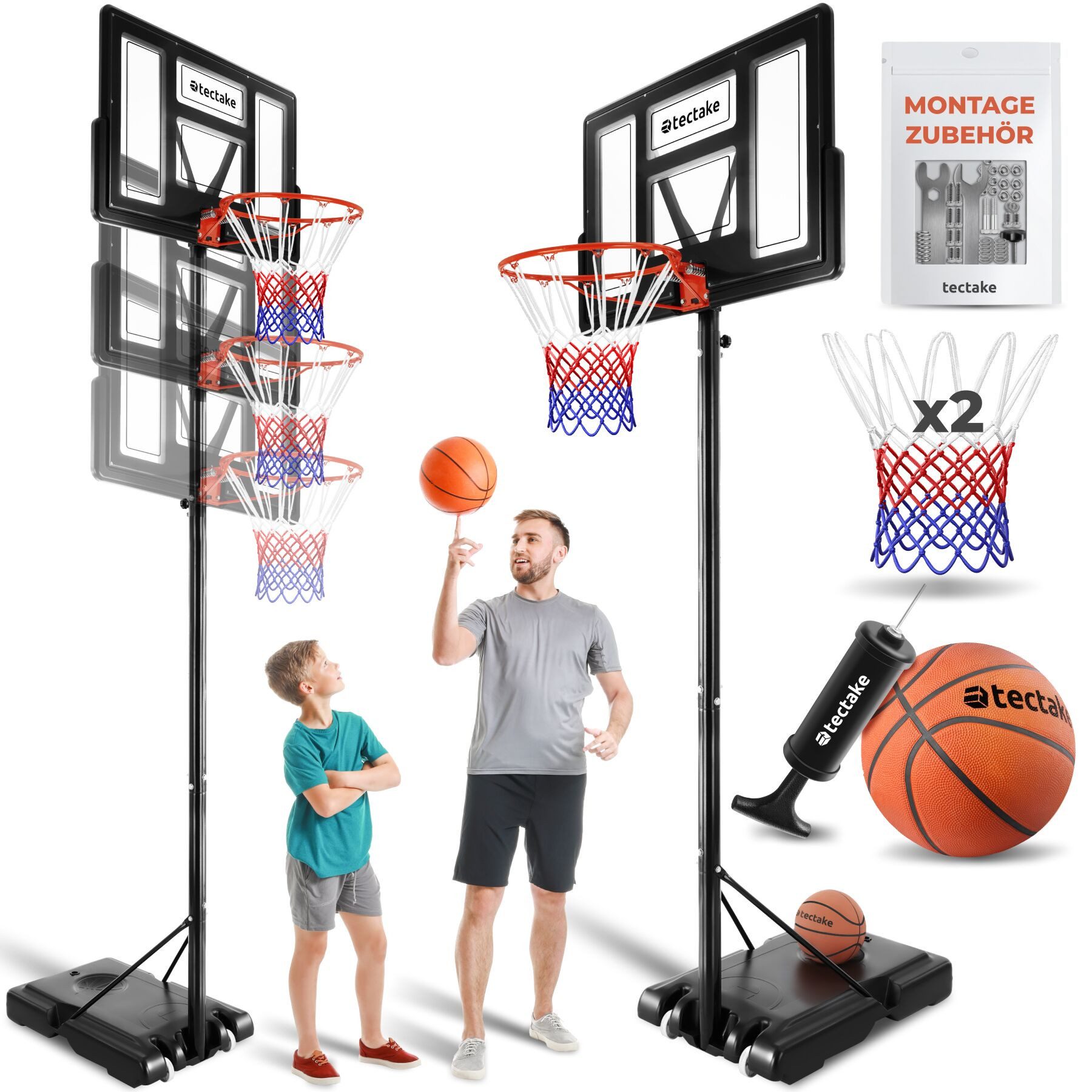 Basketballkorb Basketballanlage Dirk, Korbhöhe 230 - 305 cm, mit Ball & Pumpe