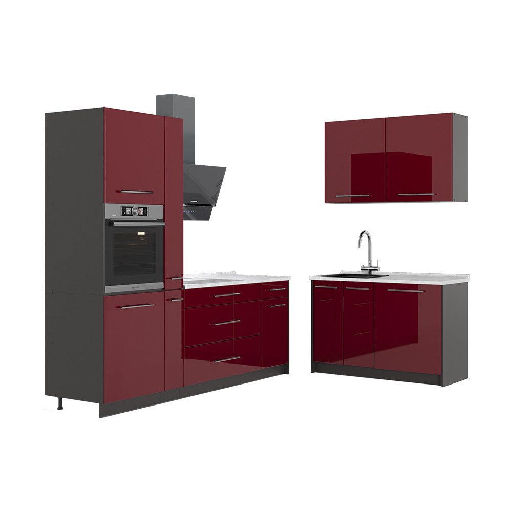 Vicco Winkelküche Fame-Line, Bordeaux Hochglanz/Anthrazit, 220 x 120 cm, AP Marmor