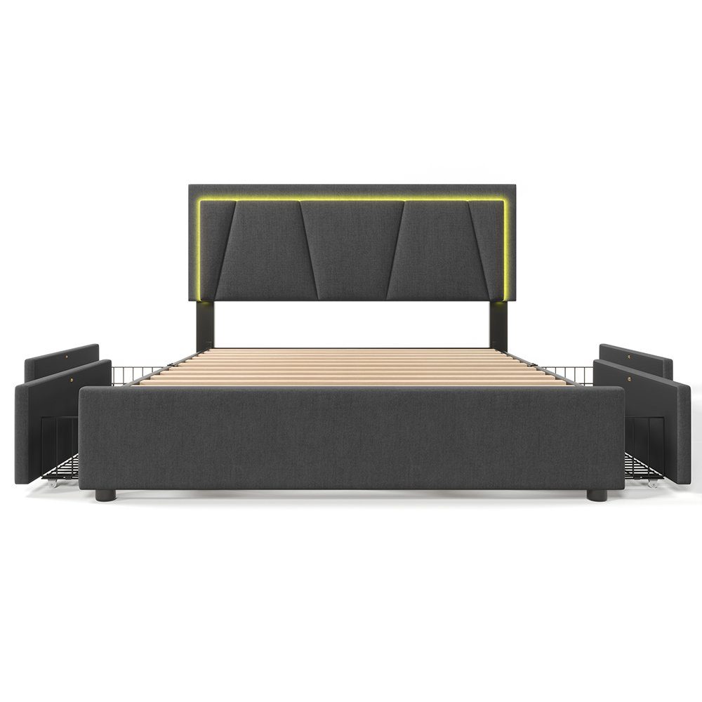 Polsterbett (Stauraumbett, Höhenverstellbares Kopfteil), Doppelbett 140x200cm mit LED-Beleuchtung und 4 Schubladen