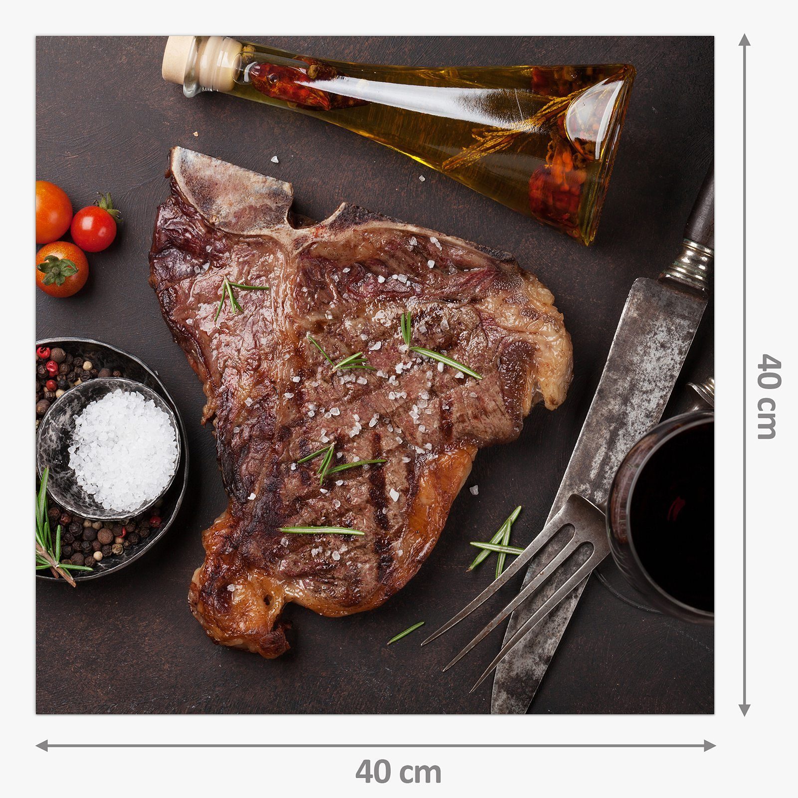 Primedeco Küchenrückwand Glas Motiv mit Spritzschutz T-Bone Rosmarin mit Steak Küchenrückwand