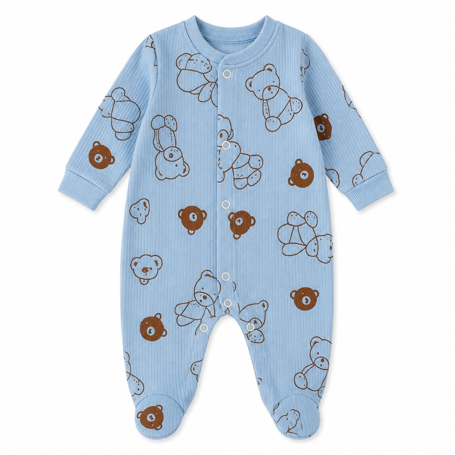 Jungengel Strampler Baby Langarm mit Füßchen Baumwolle Bärenmotiv Hellblau Unisex (Einzelartikel, 1 Baby Strampler) Neugeboren 0-3Monate, 100% Baumwolle, Atmungsaktiv, Extra Weich