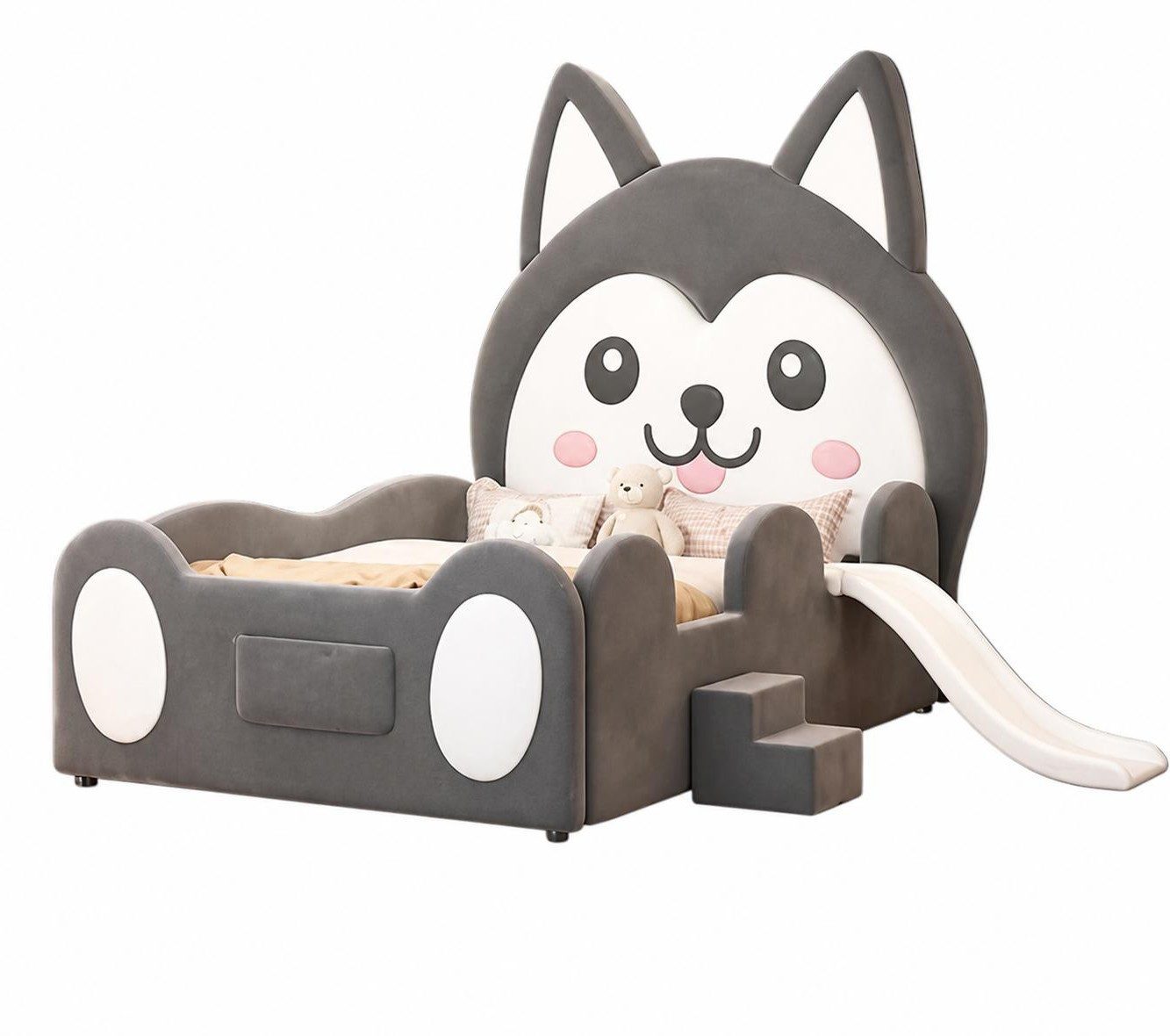 Xlmoebel Kinderbett Schwarz-weißes Kinderbett aus Leder mit Treppe und Rutsche, Made in Europa