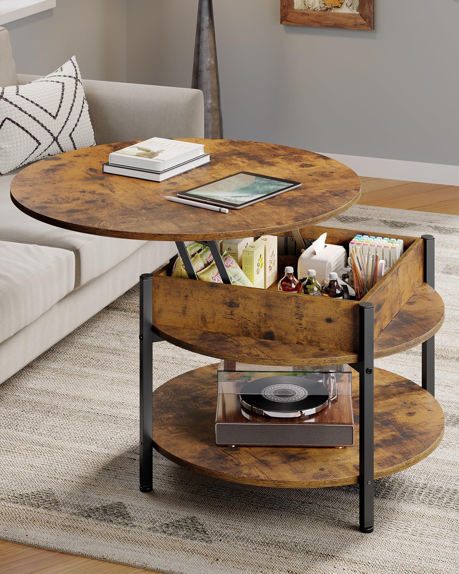 MSMASK Couchtisch Rund, höhenverstellbarer Kaffeetisch mit Verstecktem Stau günstig online kaufen