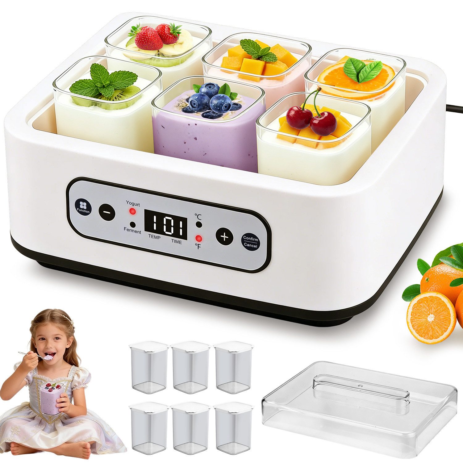 CkeyiN Pro Joghurtbereiter mit Temperatur(21-48 °C) und Timer(1-99h),6 Gläser, je 250 ml, für bis 1,5L,Hochtemperaturbeständig,LCD Display