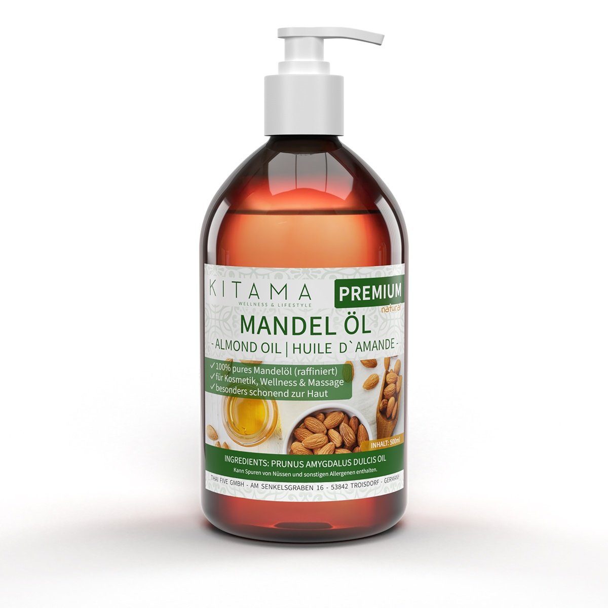 Kitama Körperöl Mandelöl Haut - für Haar Basisöl Massageöl Baby-Öl, Pflege-Öl & 500ml, sanftes Naturkosmetik