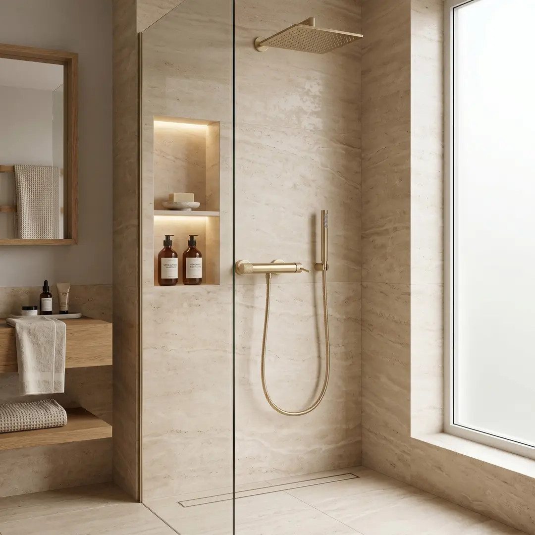wohnwerk.idee Duscharmatur Dusche mit Handbrause Wandarmatur Dusch-Set, Gold Chrom Kupfer Matt Mischbatterie Badewanne, Messing, Keramikkartusche – Bild 4 von 5