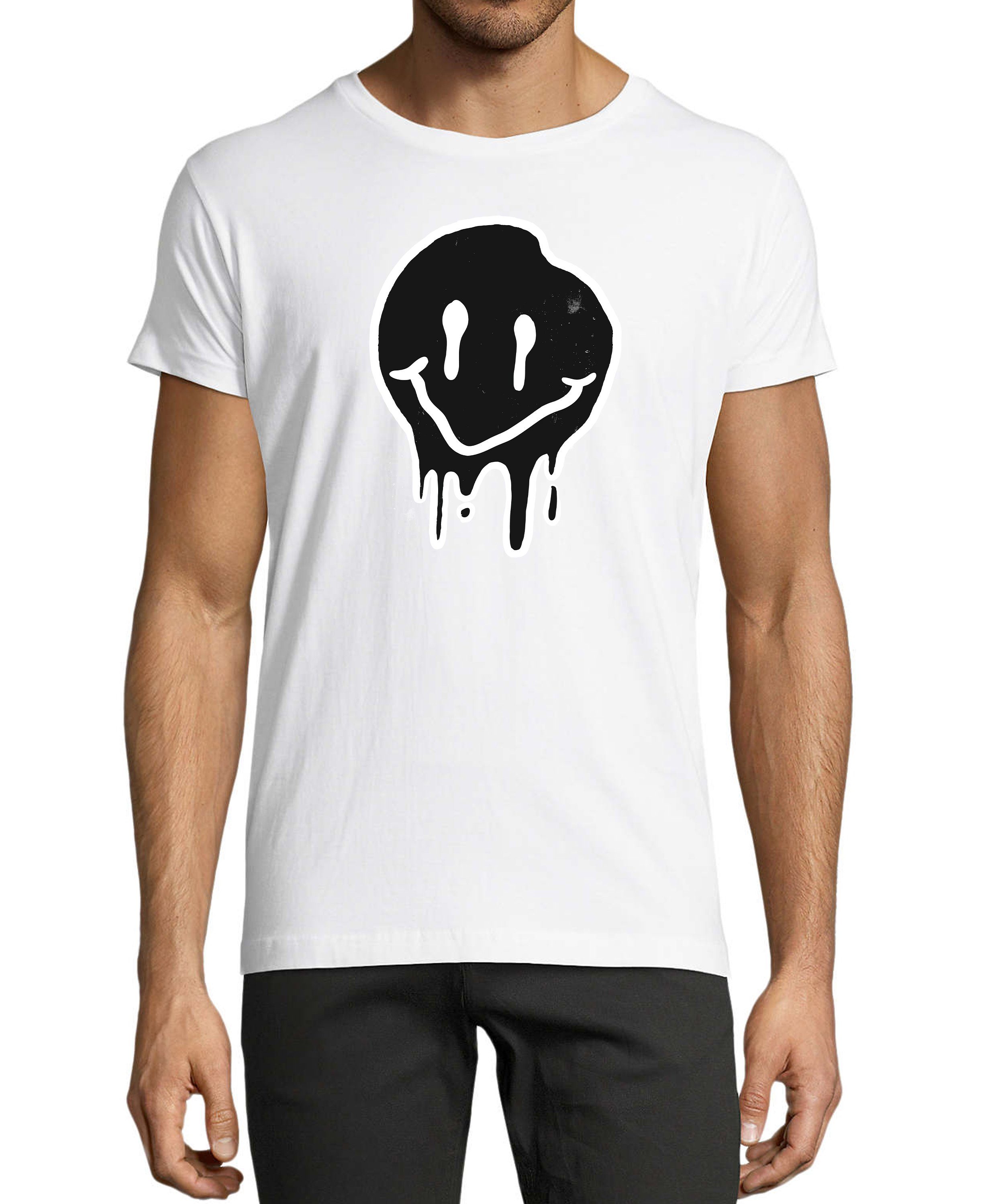 - MyDesign24 Herren T-Shirt Aufdruck Zerlaufender Regular Smiley weiss i292 mit Print Shirt Fit, Smiley Baumwollshirt