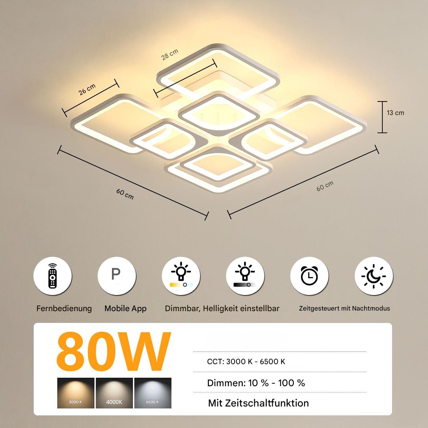 Riserva Deckenleuchte LED Deckenleuchte Dimmbar 80W Fernbedienung Wohnzimmer, LED wechselbar