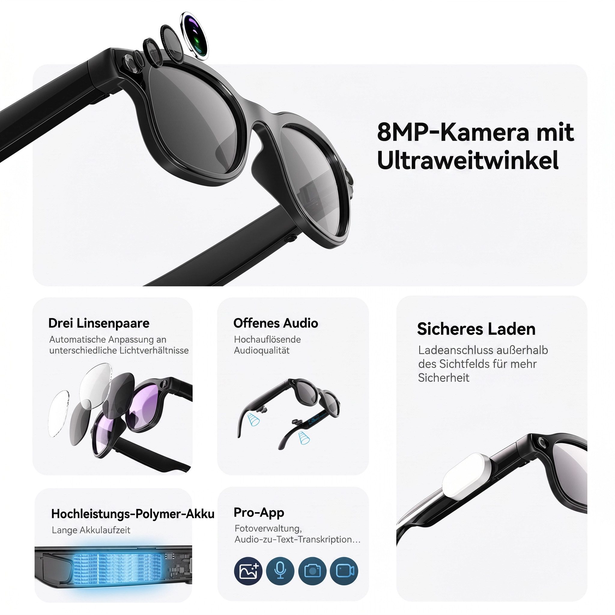 BBG LED-Brille Smart Glasses mit 8MP Kamera, Bluetooth 5.4, AI-Sprachassistent Open-Ear Audio, Wechselgläser, kabelloses Laden, für Android & iOS