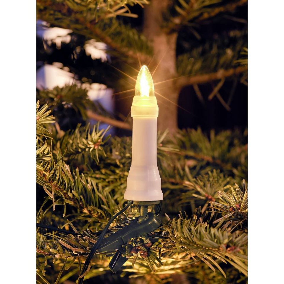 KONSTSMIDE LED-Christbaumkerzen Weihnachtsdeko aussen, Christbaumschmuck,  Topbirnen, One String, 25 warm weiße Dioden, 24 V Außentrafo