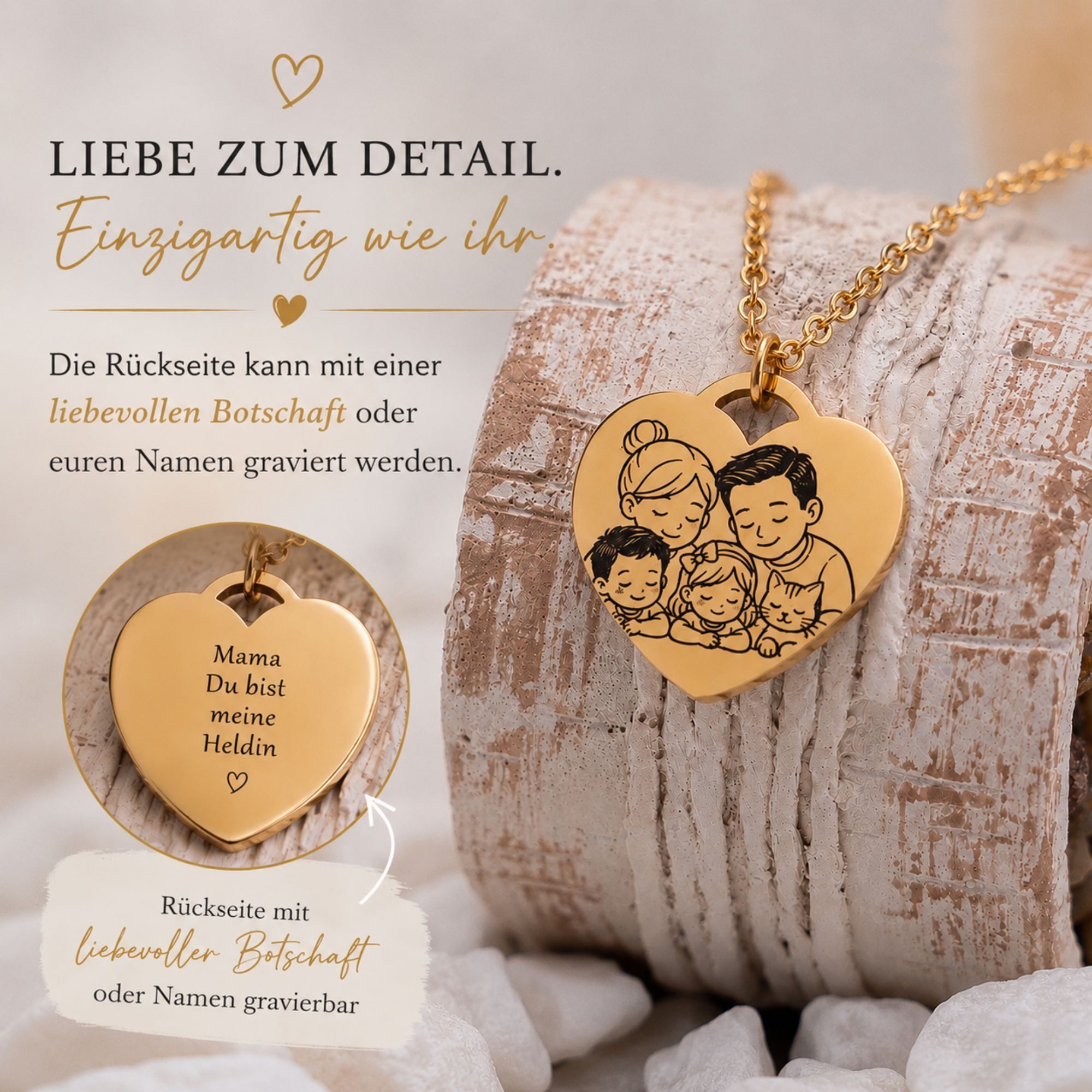BS Schmuckdesign Kette mit Anhänger mit Gravur Familienkette Personalisierte Halskette Damen Herzkette mit Gravur (inkl. Gravur), personalisierbar inkl. Geschenkbox