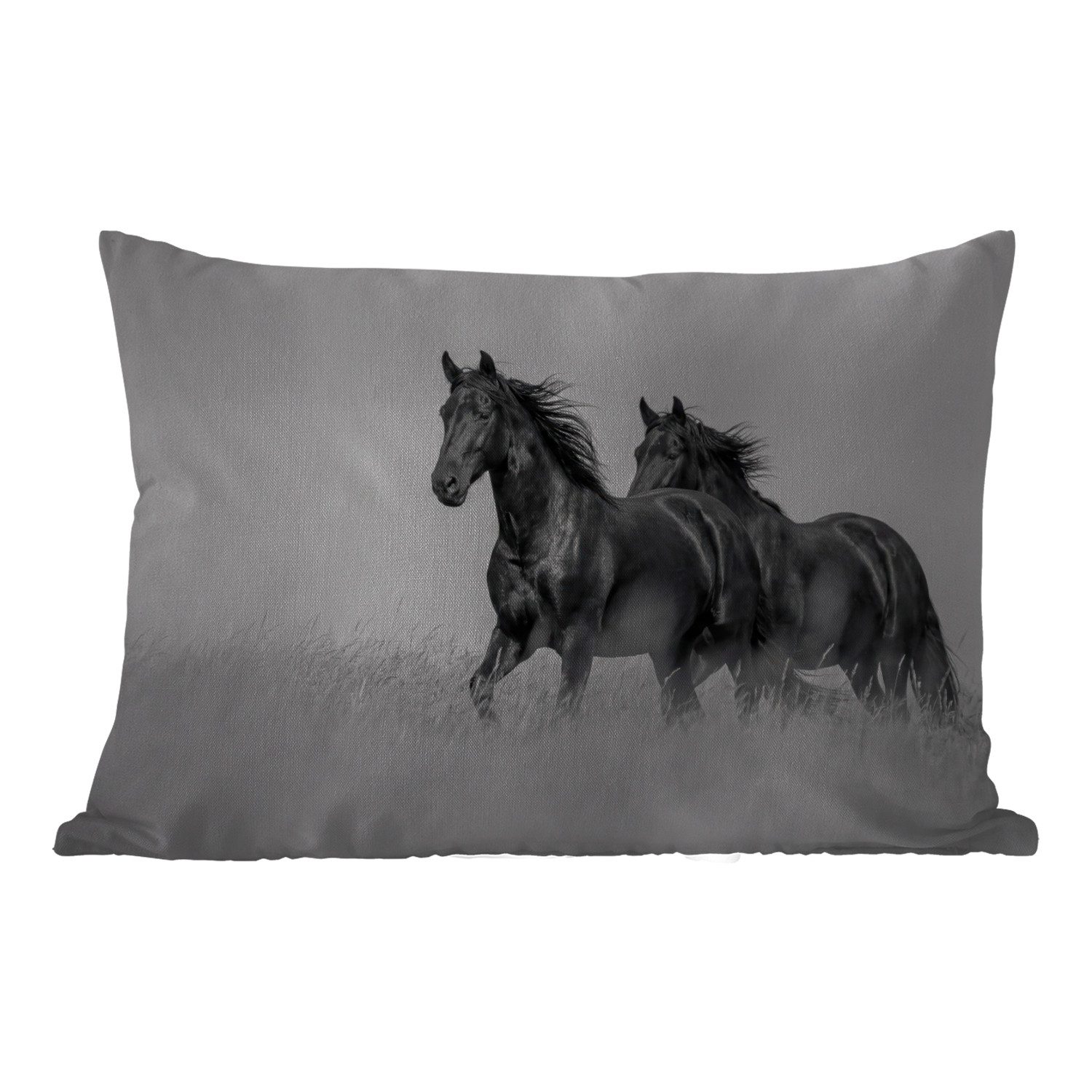 MuchoWow Dekokissen Pferde - Gras - Schwarz - Weiß, Outdoor-Dekorationskissen, Kissen, Kissenbezug, 50x30 cm