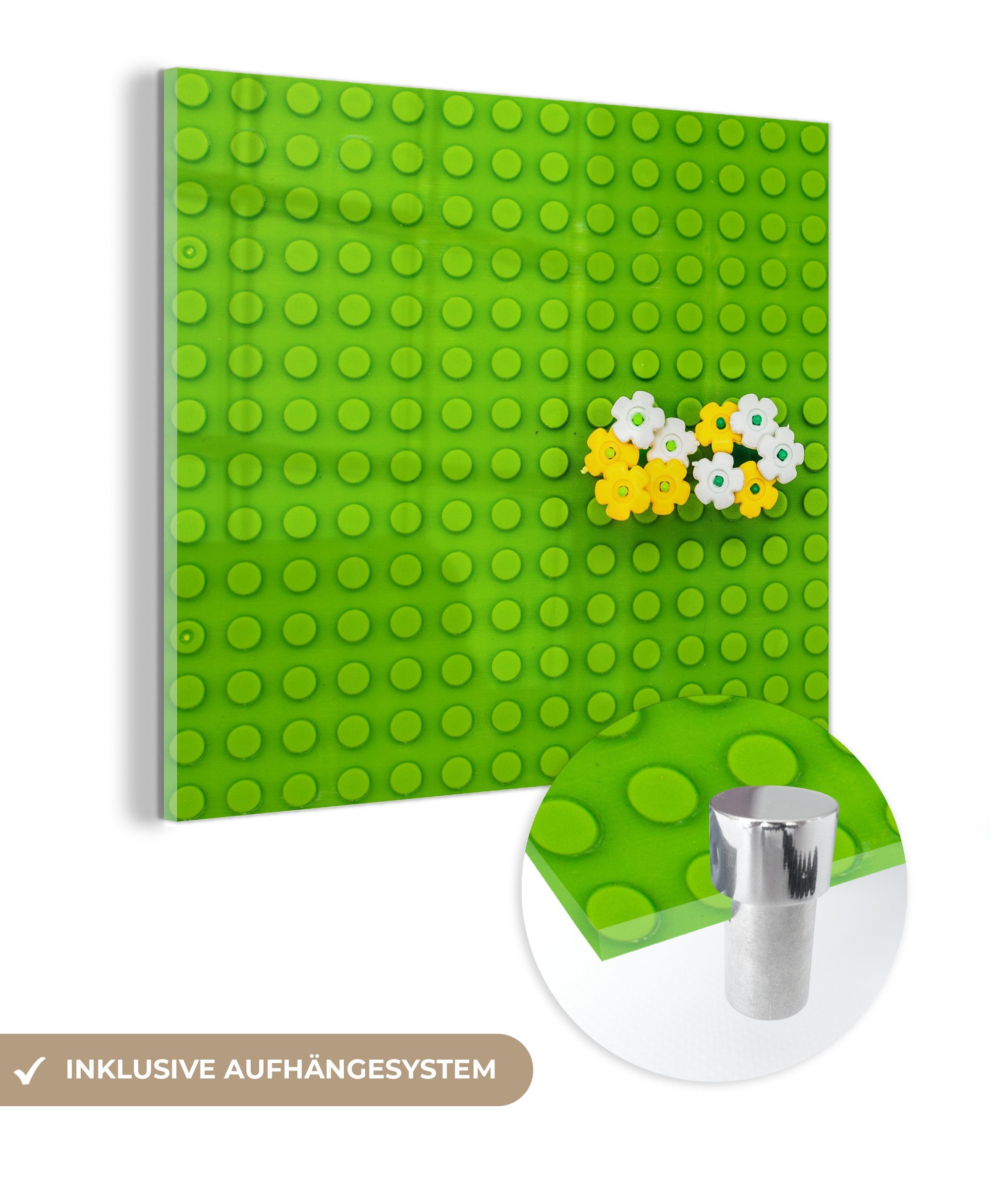 MuchoWow Acrylglasbild Lego-Unterlage mit Blumen, (1 St), Glasbilder - Bilder auf Glas Wandbild - Foto auf Glas - Wanddekoration