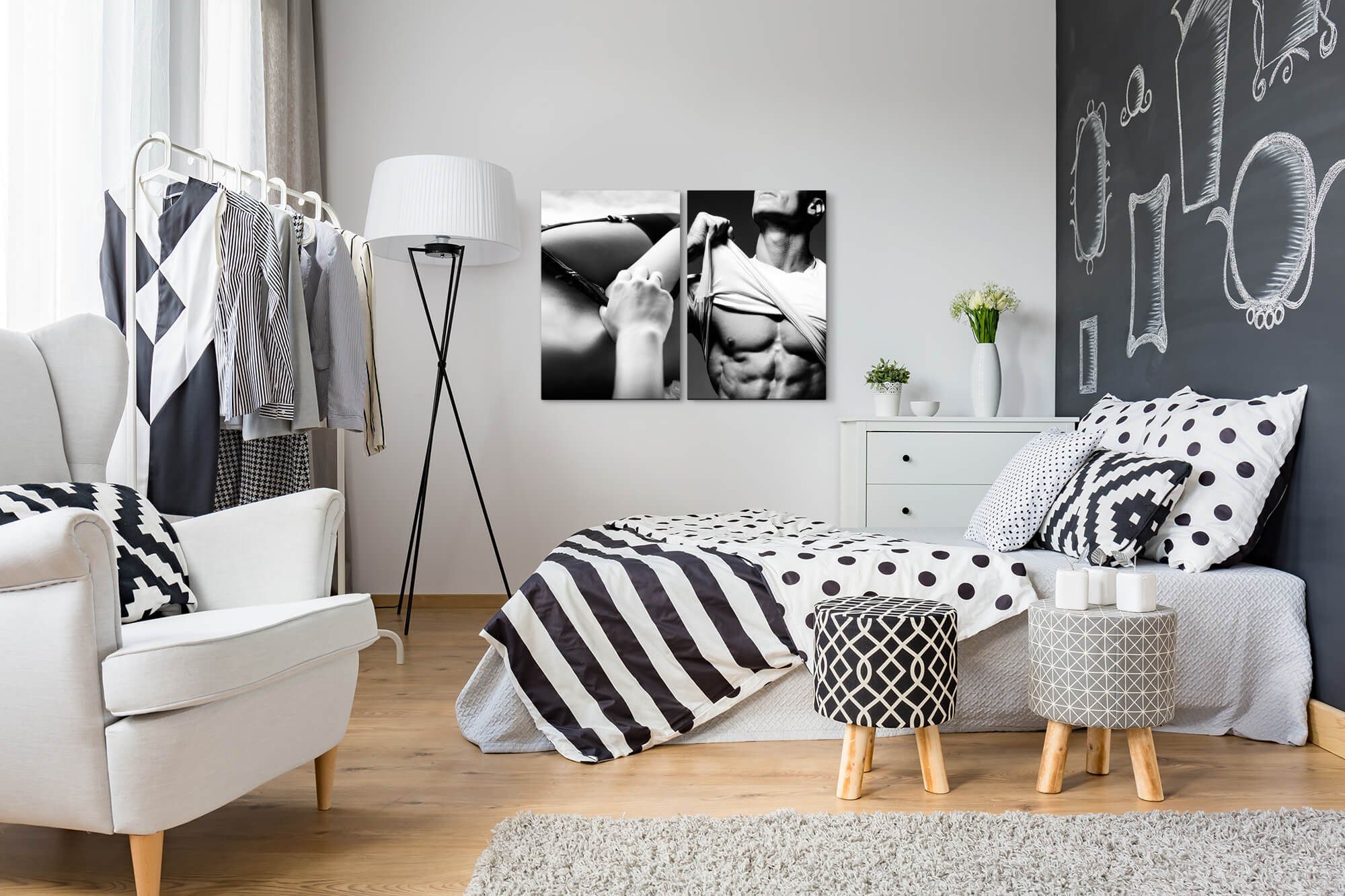 Sinus Art Leinwandbild 2 Bilder je 60x90cm Sexy Aktfotografie Dessous Schwaz Weiß Muskulös Erotisch Prickelnd
