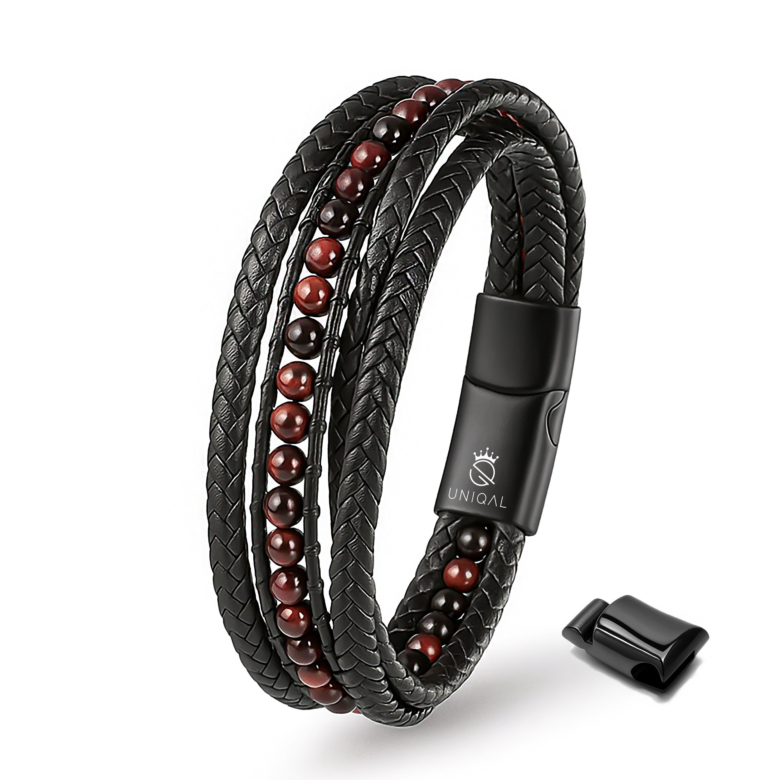UNIQAL.de Lederarmband DELUXE – elegantes Unisex Natursteinarmband aus Echtleder (geflochten mit Magnetverschluss & Verlängerungsglied, edel, handgefertigt, hochwertig & perfekt als Geschenk), – deutsche Marke, registrierter Händler