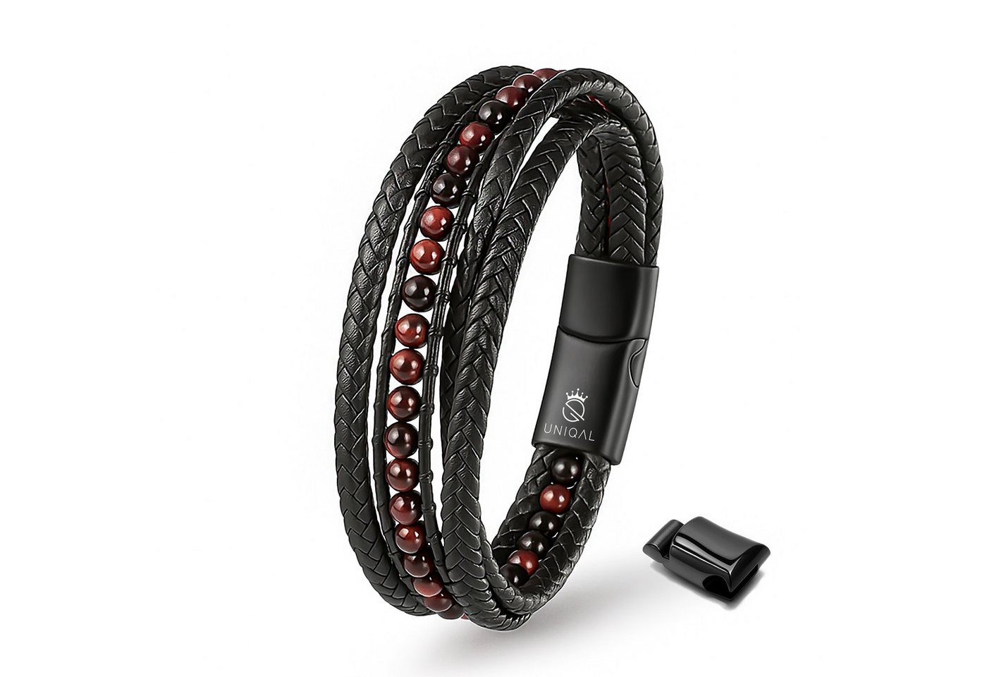 UNIQAL.de Lederarmband DELUXE – elegantes Unisex Natursteinarmband aus Echtleder (geflochten mit Magnetverschluss & Verlängerungsglied, edel, handgefertigt, hochwertig & perfekt als Geschenk), – deutsche Marke, registrierter Händler