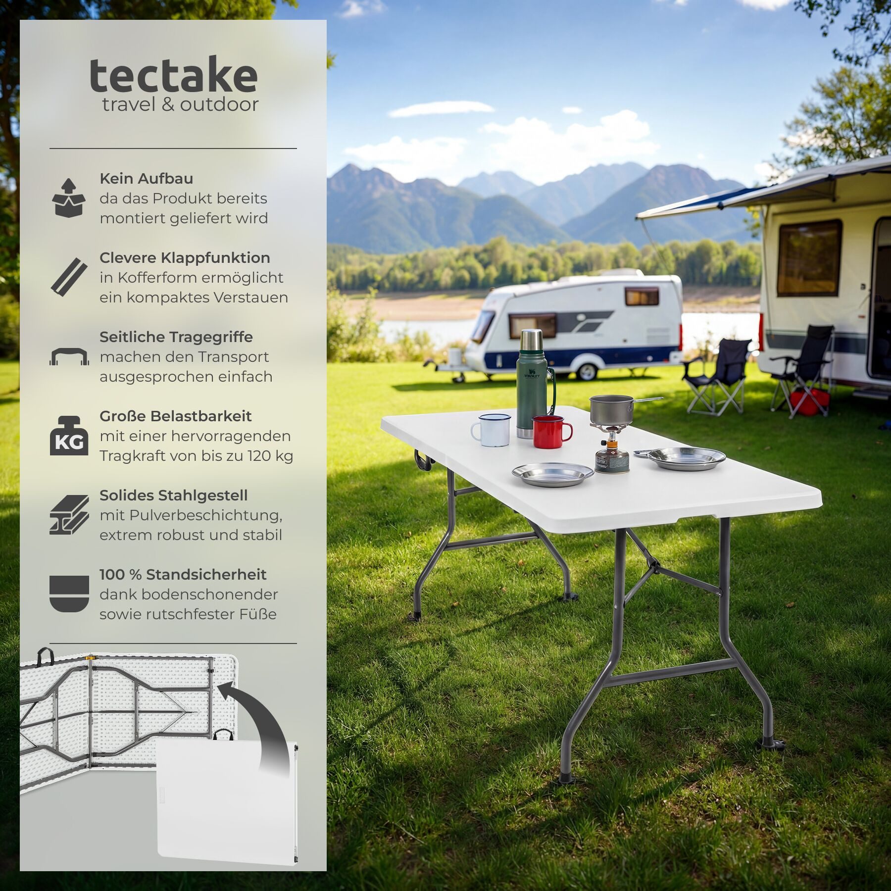 tectake Campingtisch Outdoor-Tisch klappbar, gummierter Tragegriff, 120 kg Belastbarkeit (Klapptisch Panja, 1-St., 1 tlg), Campingtisch zum Zusammenklappen in kompakter Kofferform