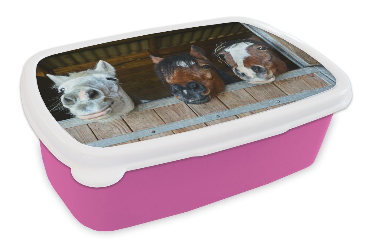 MuchoWow Lunchbox Pferde - Tiere - Beschichtungen - Ställe, Kunststoff, (2-tlg), Brotbox für Erwachsene, Brotdose Kinder, Snackbox, Mädchen, Kunststoff rosa