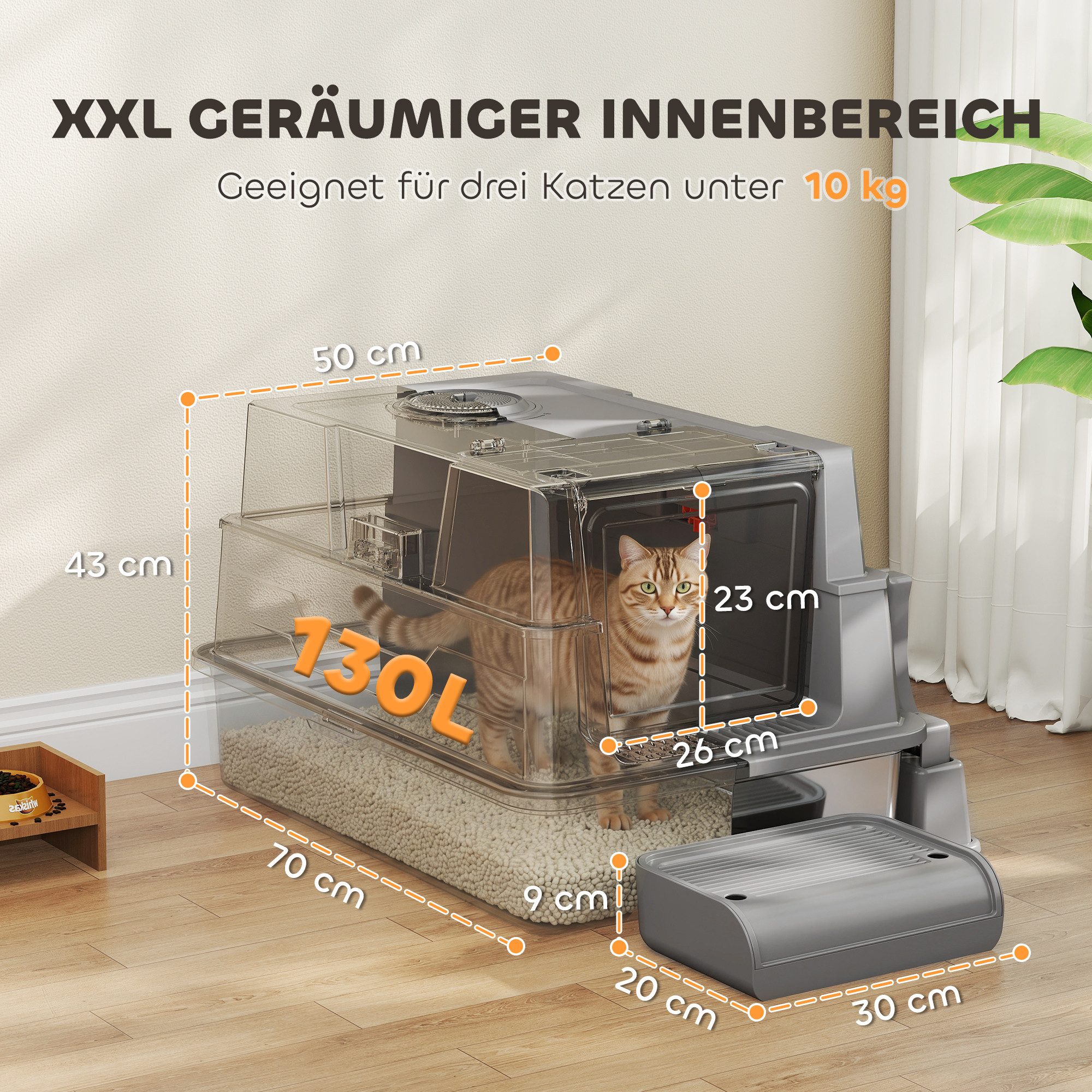 PawHut Katzentoilette 130L XXL Katzenklo mit 180° Klappdeckel Hohen Seitenwänden Schaufel, aus Edelstahl für 3 Katzen mit jeweils bis 10 kg 70 x 50 x 43 cm Grau