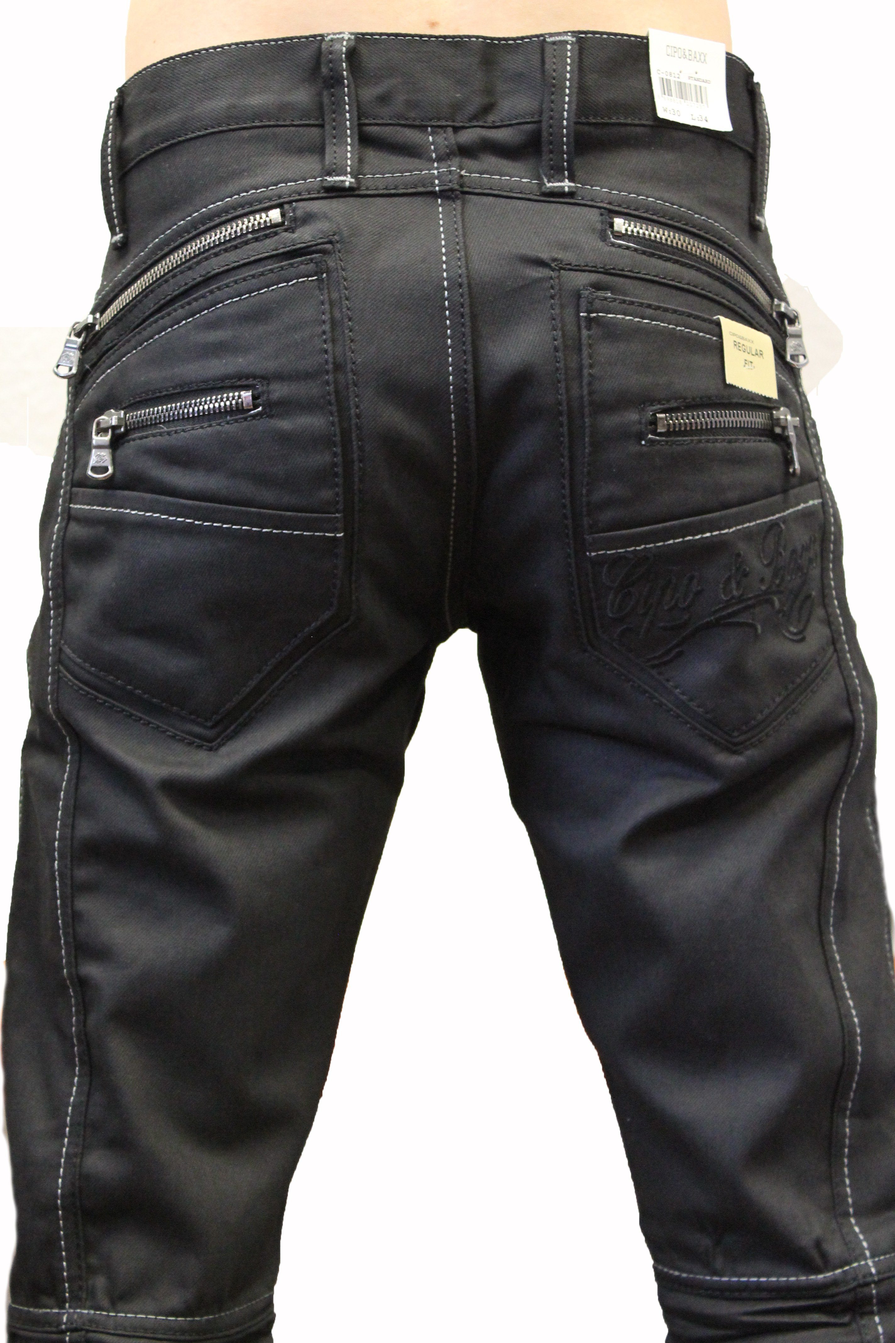 Weiße und stylische und Hose gewachster mit Kontrastnähte Regular-fit-Jeans Herren Cipo & ausgefallenem Design Jeans Waschung Zipper Baxx