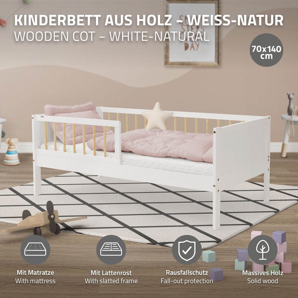ML-DESIGN Jugendbett Bodenbett Juniorbett inkl. Lattenrost Einzelbett für Kinder Kinderbett, Junior-Bett mit Rausfallschutz & Matratze Bettrahmen aus MDF / Kief – Bild 2 von 5