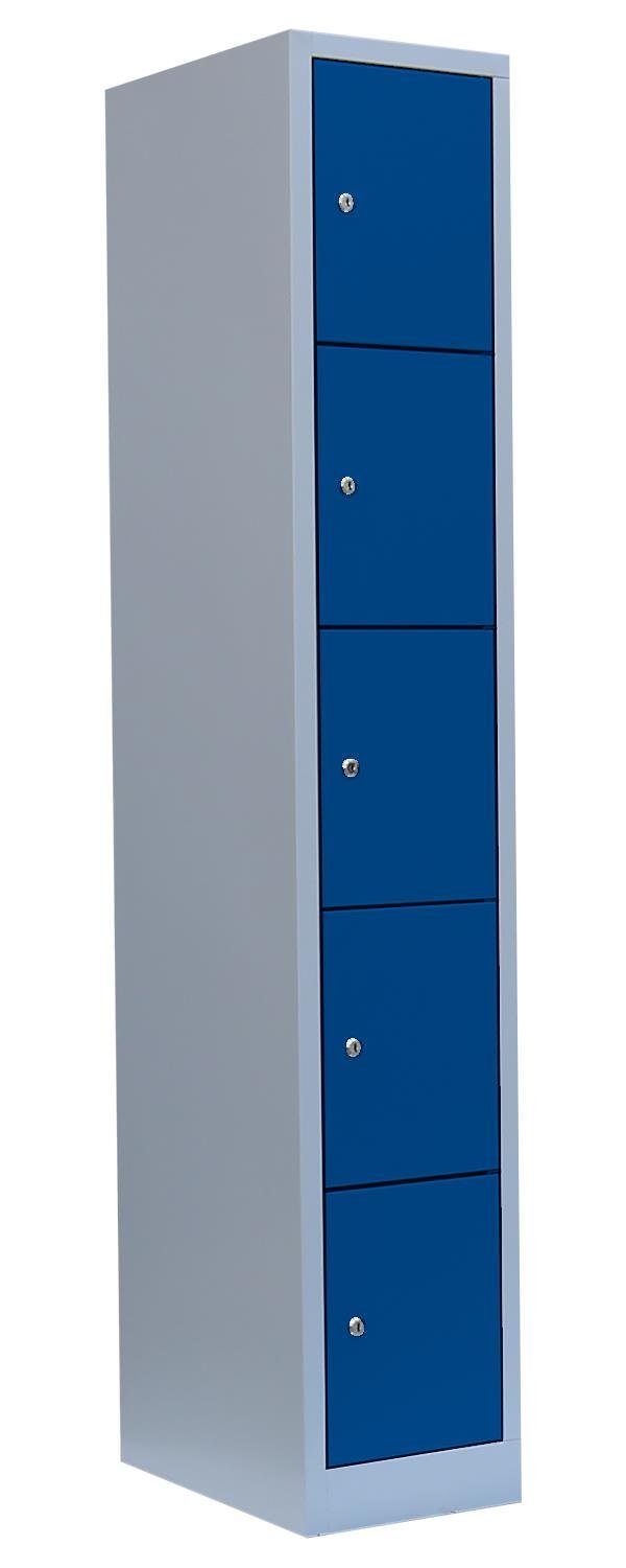 Steelboxx Fächerschrank Lüllmann® Schließfachschrank, 1 Abteil, 5 Fächer, 1800 x 315 x 500 mm (1-St) Komplett verschweißt und montiert- keine Montage erforderlich Korpus: RAL 7035 Lichtgrau/ Türen: RAL 5010 Enzianblau | Lichtgrau