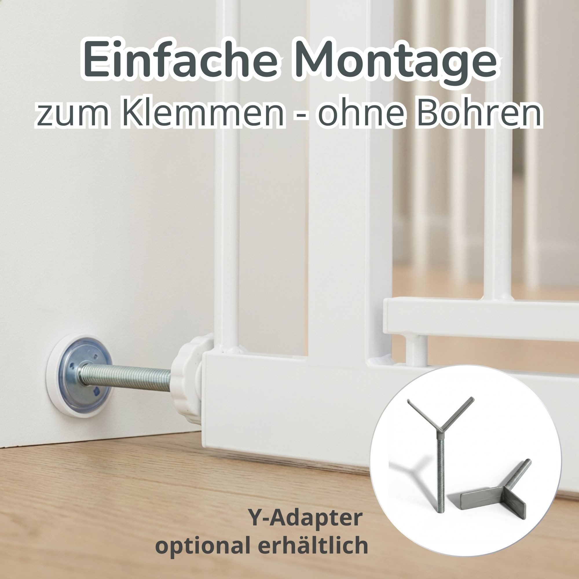 Bronea Treppenschutzgitter CLEO Türgitter ohne Bohren Kinderschutzgitter Treppengitter (zum Klemmen - ohne bohren für Tür & Treppe 75–165 cm verlängerbar, Beidseitig öffnend - Auto-Close - 90° Stopp - 3-Schritt-Sicherung), Entwickelt, Geprüft & Zertifiziert in Deutschland EN1930:2012-02