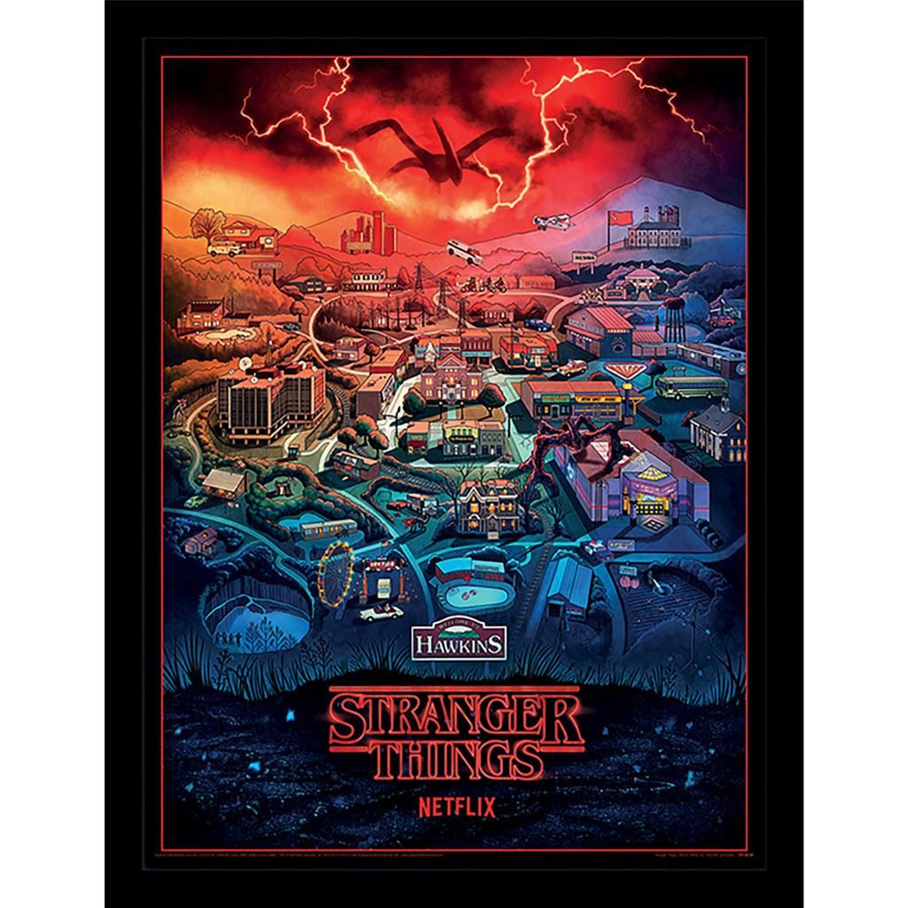 Stranger things Bild mit Rahmen Hawkins Town, Gerahmtes Bild Kunstdruck