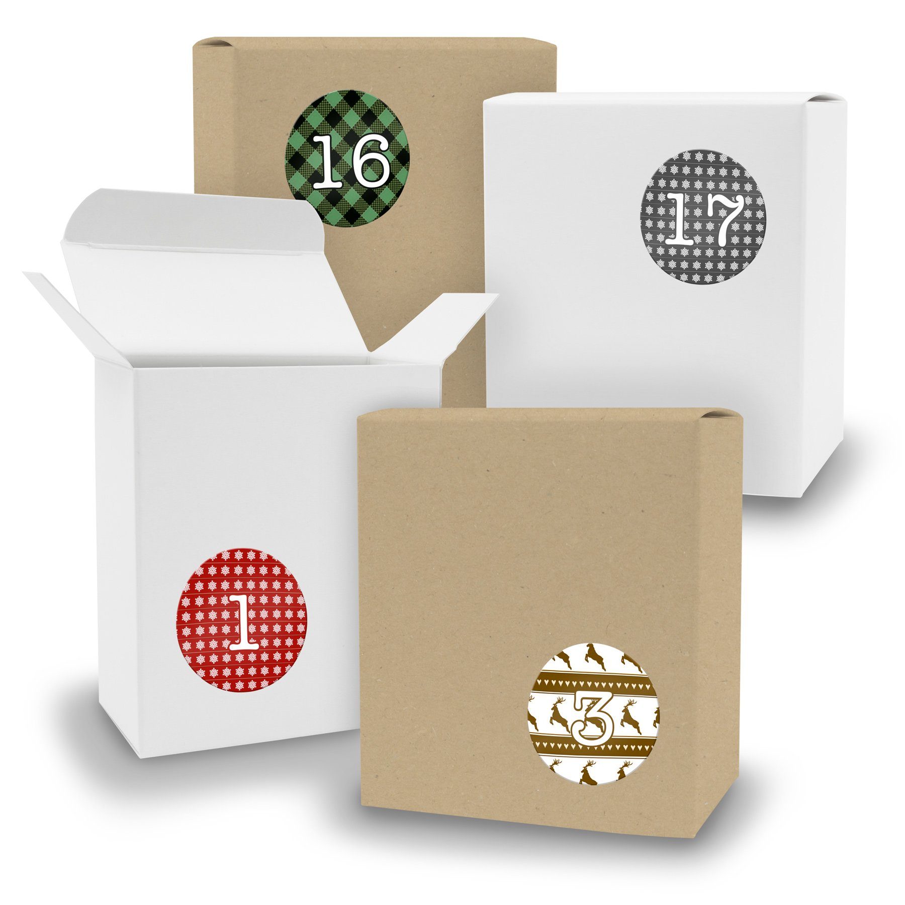 itenga befüllbarer Adventskalender Adventskalender zum Füllen 24x Quader gemischt WEISS BRAUN + Sticker V