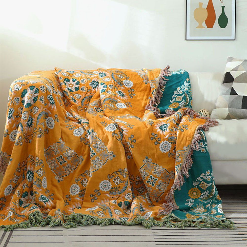 Sofaschoner Decke Baumwolle Muster FELIXLEO Sofaüberwurf Blumen Doppelseitig 200*230cm Gelb