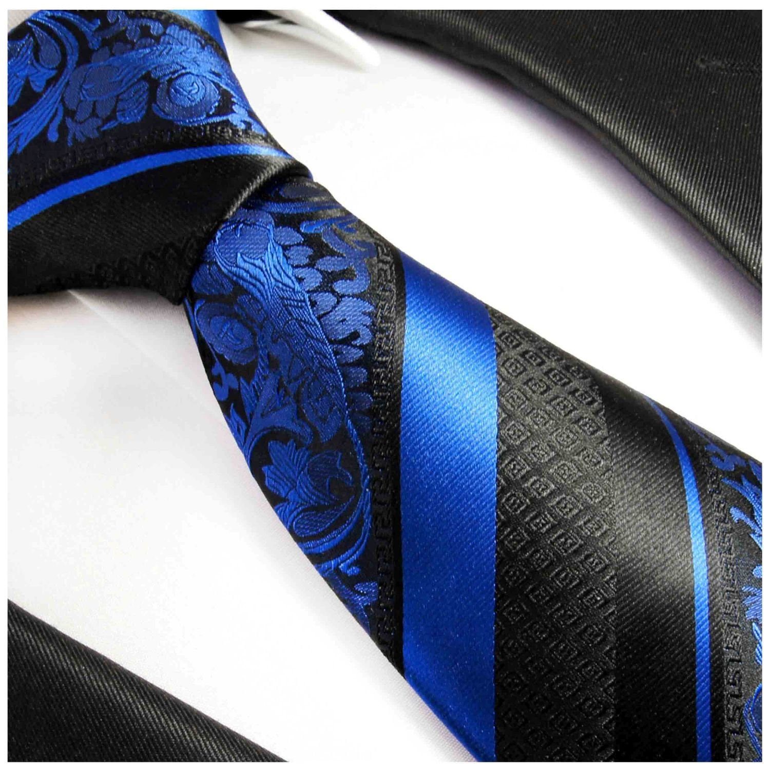 Paul Malone Krawatte mit Seide (6cm), gestreift Schlips Schmal Krawatte Einstecktuch) mit schwarz Tuch Herren Seidenkrawatte barock (Set, blau 496 100% 2-St