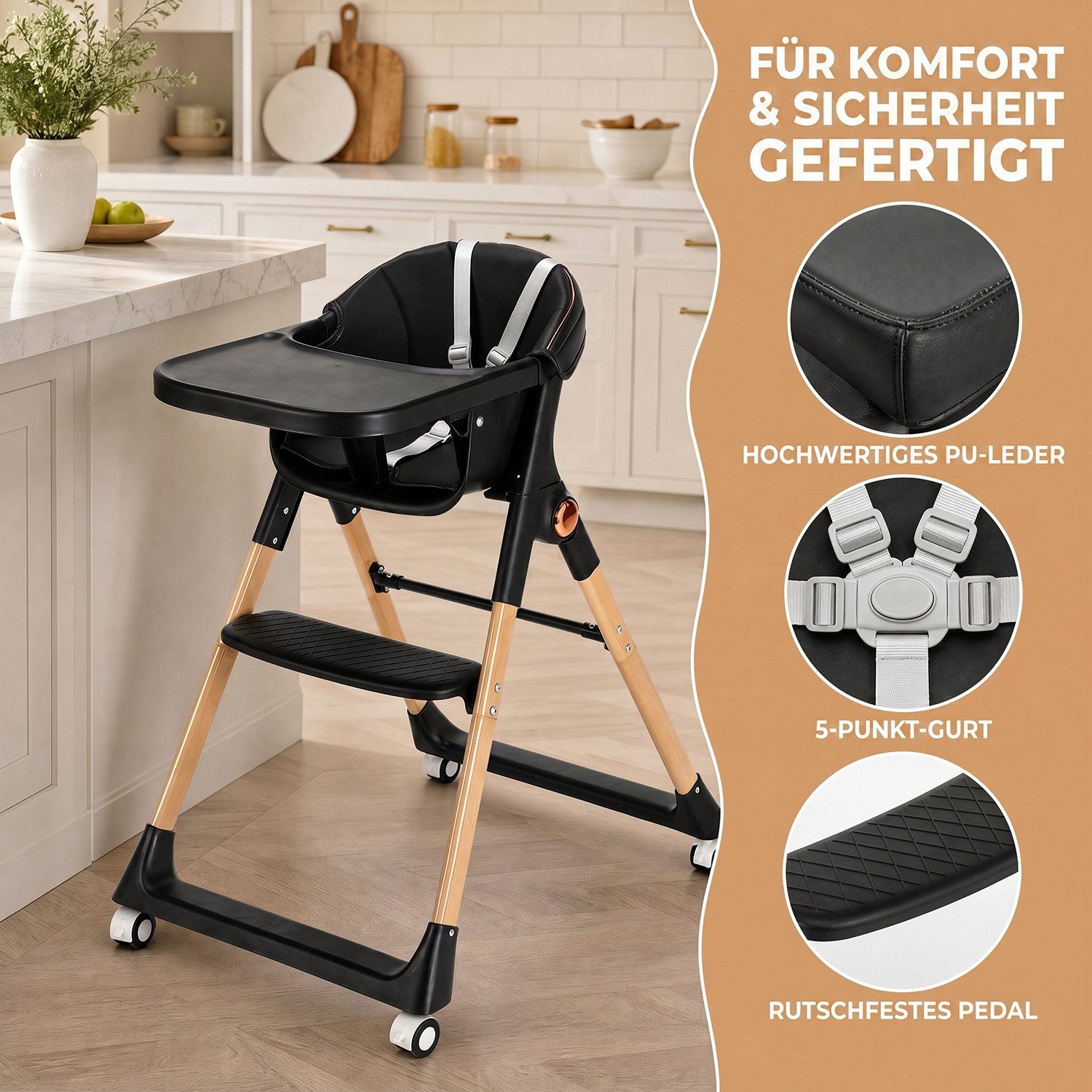 oyajia Hochstuhl Kinderstuhl Stuhl Baby Kinderstuhl Klappbar mit Esstablett (Babystuhl mit Tablett und 5-Punkt-Gurt, Fußstütze, Einfach zu Reinigen), ab 6 Monaten bis 3 Jahren