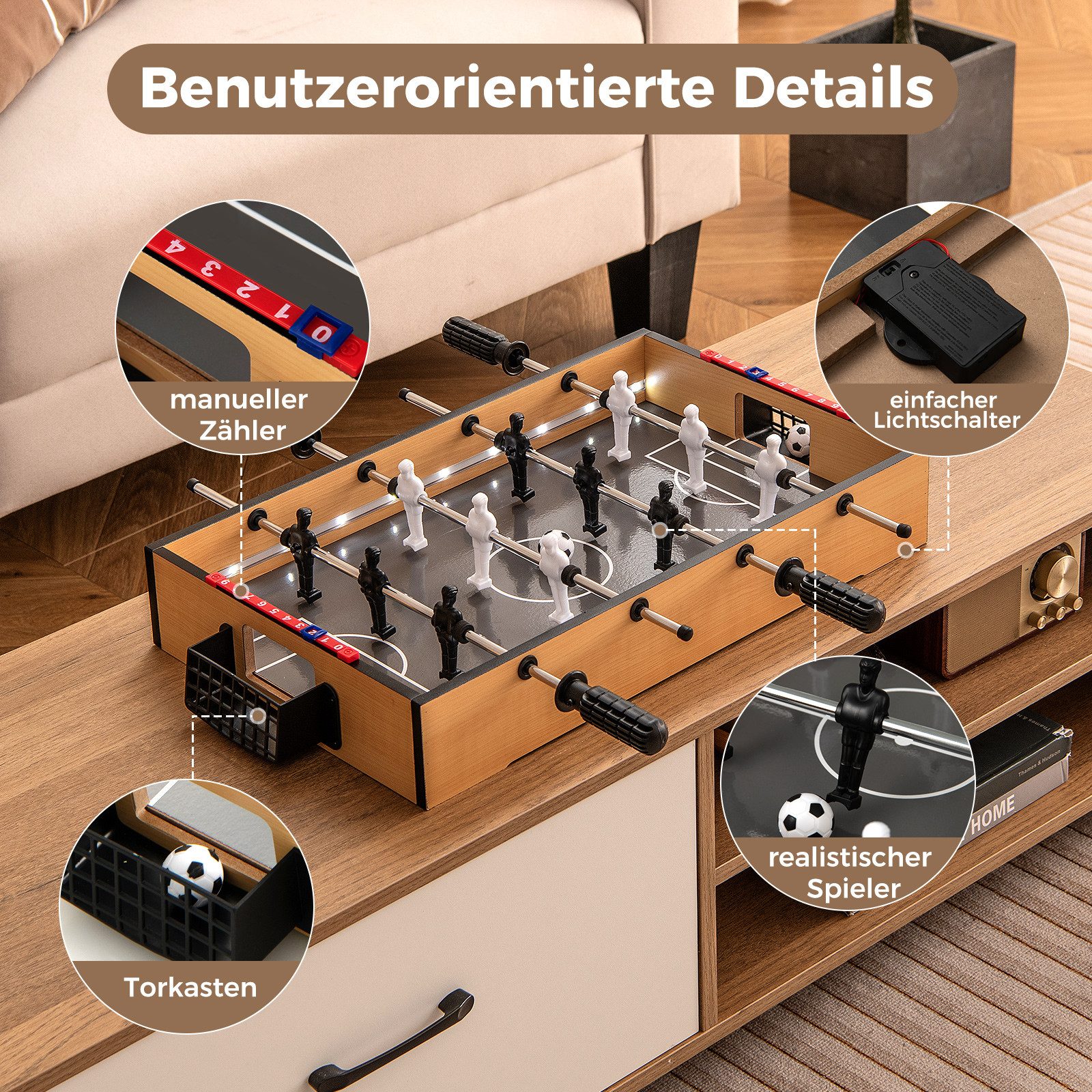 COSTWAY Kickertisch, Tischkicker, Tischfußball mit LED-Licht