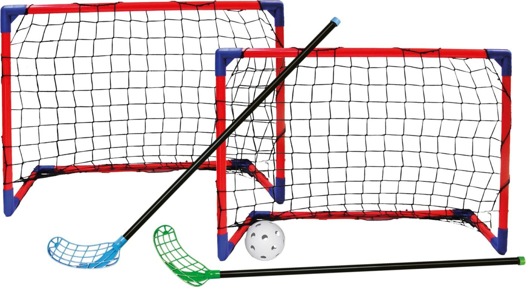 Woodyland Lernspielzeug 91569 Floorball - Hockeyspiel mit 2 Schlägern und 2 Toren, Floorball, Straßenhockey mit 2 Toren