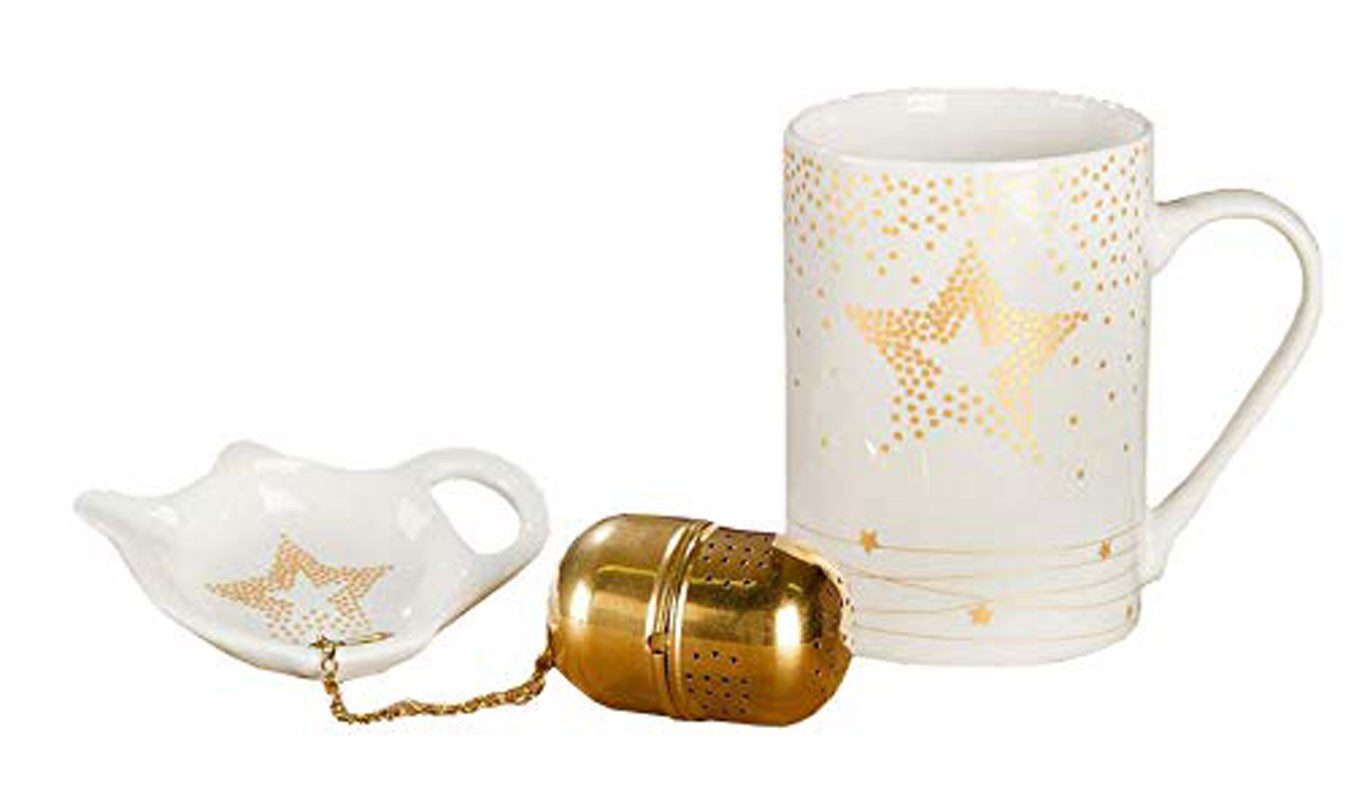 Steinnacher Bärbel Tasse Tee Set Tasse Ei Tellerchen Porzellan 3tlg. goldene Sterne