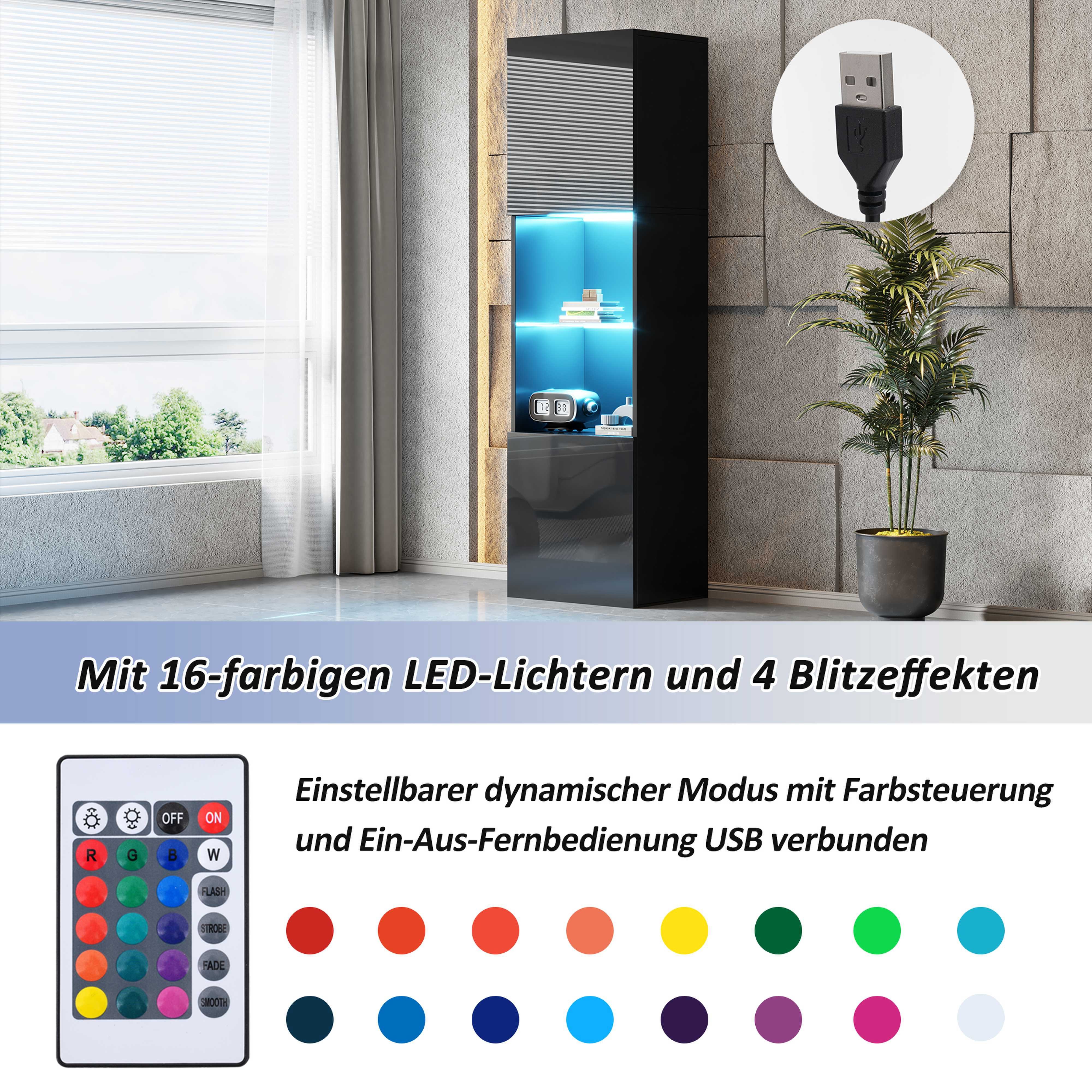 BlingBin Stauraumvitrine Hochglanz Vitrinenschrank (1-St., Glaseinlegeboden und Anti-Kipp-Vorrichtung) 45×35×160 cm mit LED-Beleuchtung, 16 Farben, 2 großen Stauraumfächern