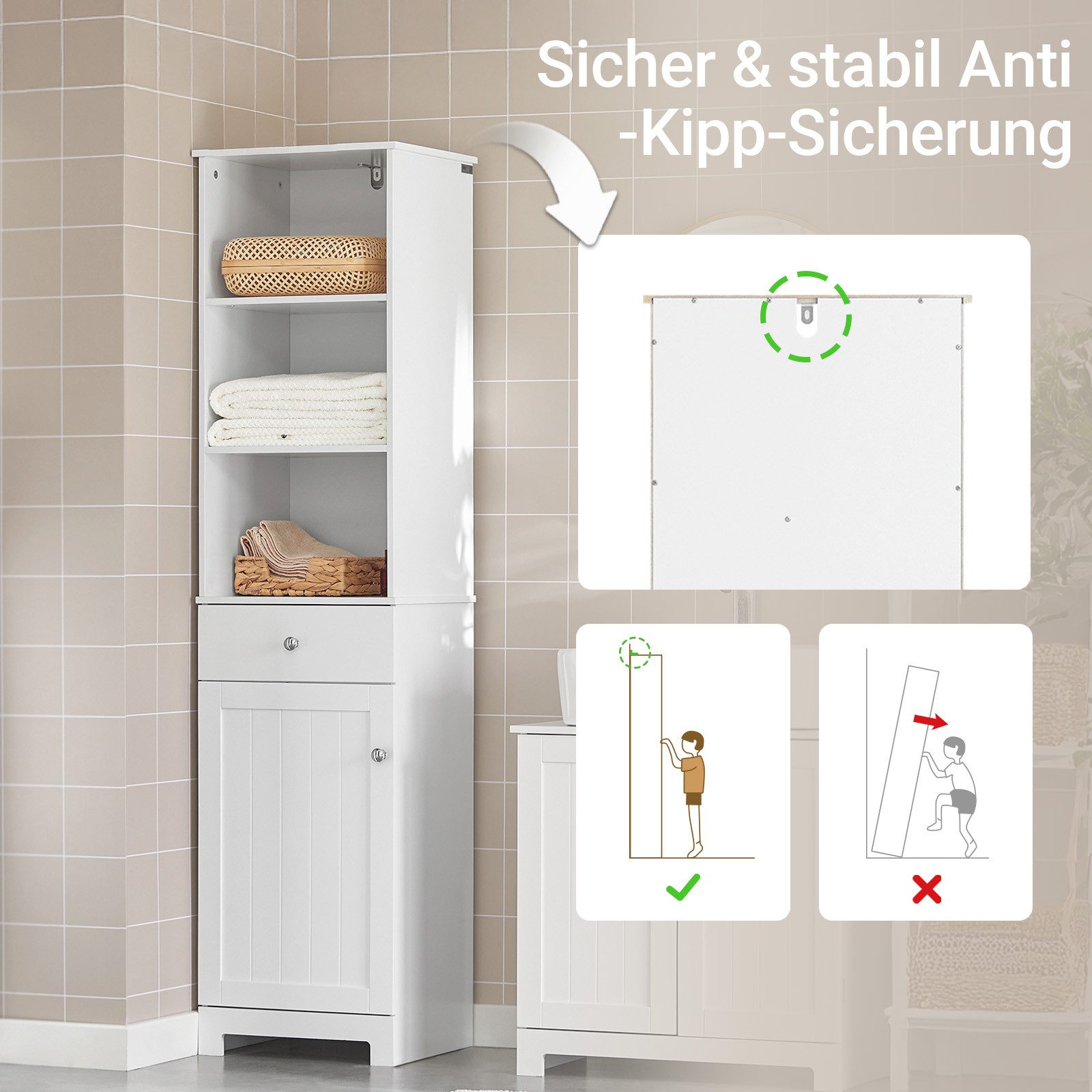 SoBuy Hochschrank BZR17, Badkommode Beistellschrank Badschrank schmal Badezimmerschrank Hochschrank, 3 offenen Fächern, verstellbare Ablagen – Bild 5 von 5