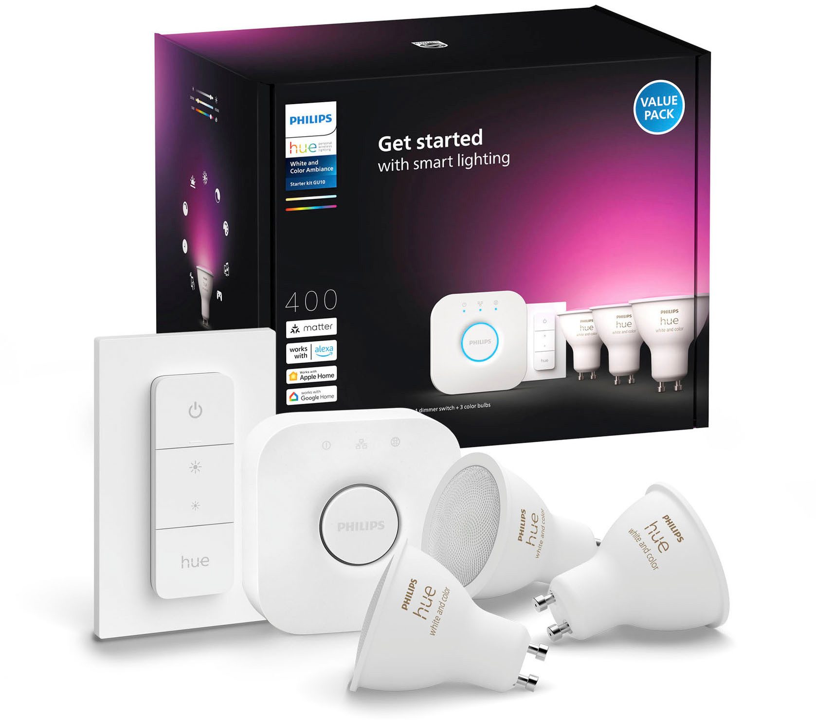 Philips Hue LED-Leuchtmittel White & Color Ambiance GU10 3er Starterset mit Dimmschalter, GU10, 3 St.
