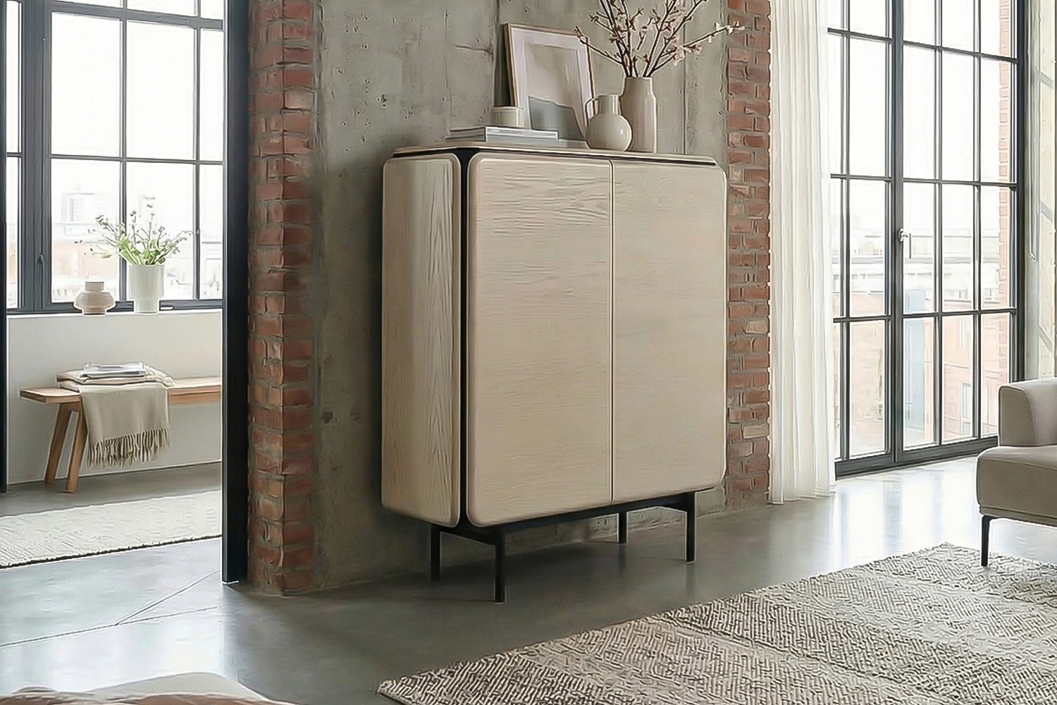 KAWOLA Highboard AVRIL moderne Kommode, viel Stauraum, 2 Türen Eiche grau, Einlegeböden verstellbar
