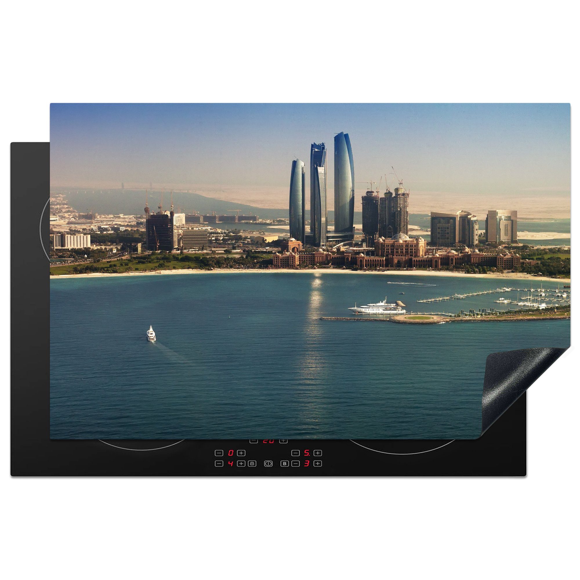 MuchoWow Herdblende-/Abdeckplatte Luftaufnahme der Etihad Towers und des Emirates Palace Hotels in Abu, Vinyl, (1 tlg), 81x52 cm, Induktionskochfeld Schutz für die küche, Ceranfeldabdeckung