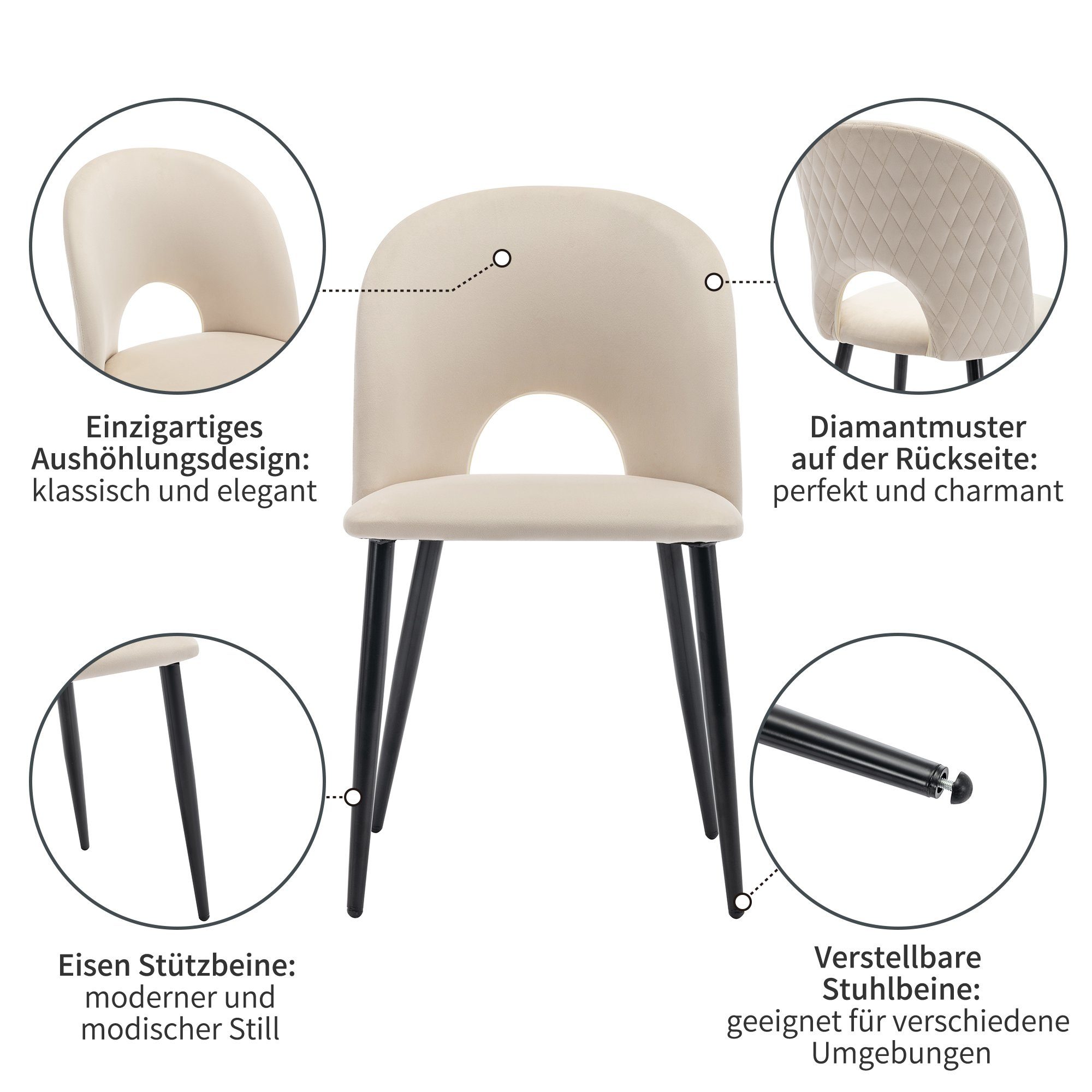 Essgruppe, (117x68 cm Küchentisch mit 4x Polsterstühlen), mit Diamantmuster, Verstellbare Stuhlbeine, Samt Esszimmerstuhl