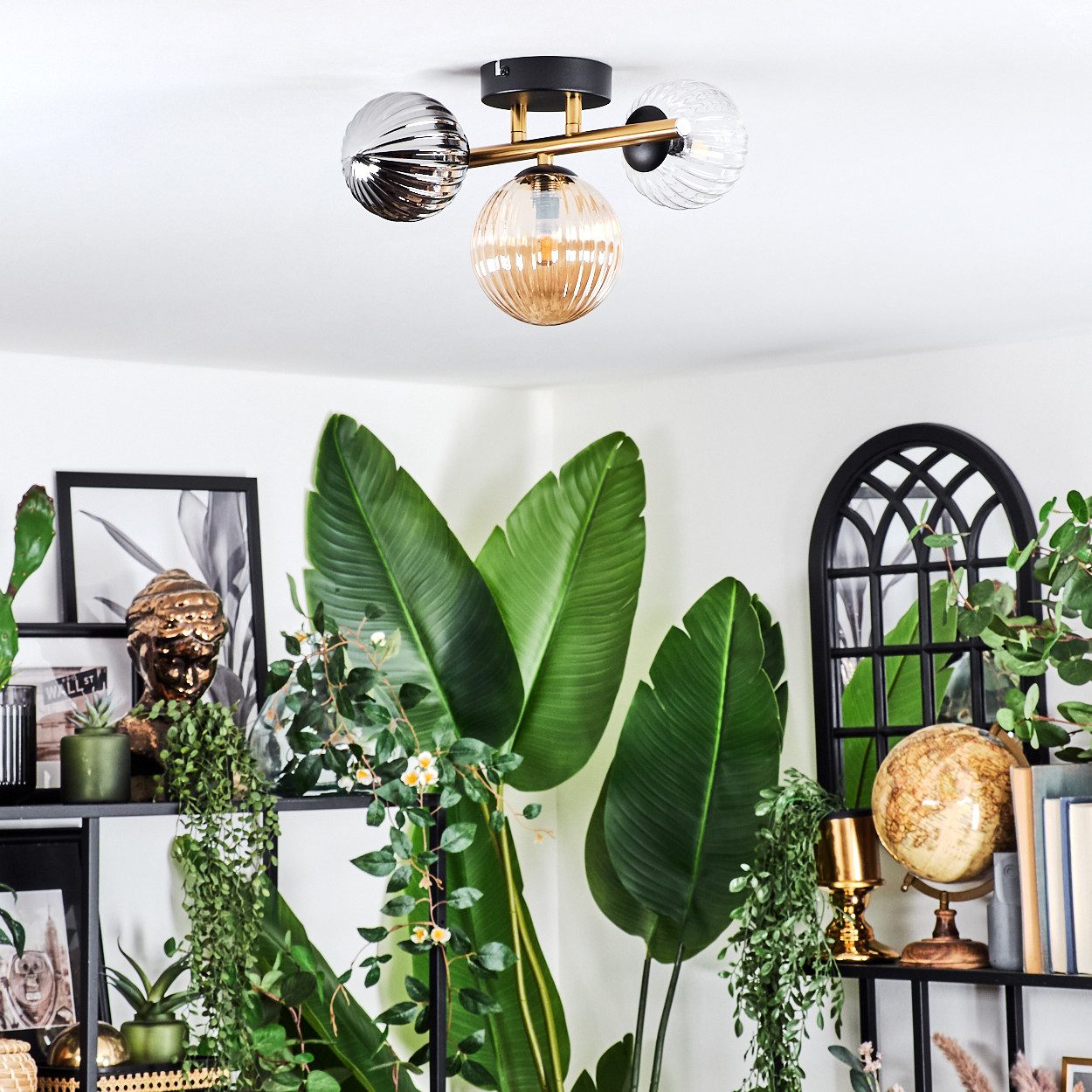 hofstein Deckenleuchte Deckenlampe aus Metall/Riffelglas in Schwarz/Gold/Rauch/Bernstein/Klar, ohne Leuchtmittel, Deckenleuchte im modernen Vintage-Design (Schirme Ø 10; 12 cm), 3 x G9