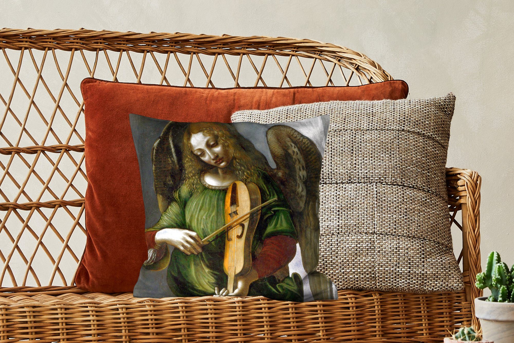Vinci, Wohzimmer, MuchoWow Dekokissen mit einer Zierkissen Ein Leonardo Sofakissen da - mit Deko, Engel in Füllung für Grün Schlafzimmer, Fahne