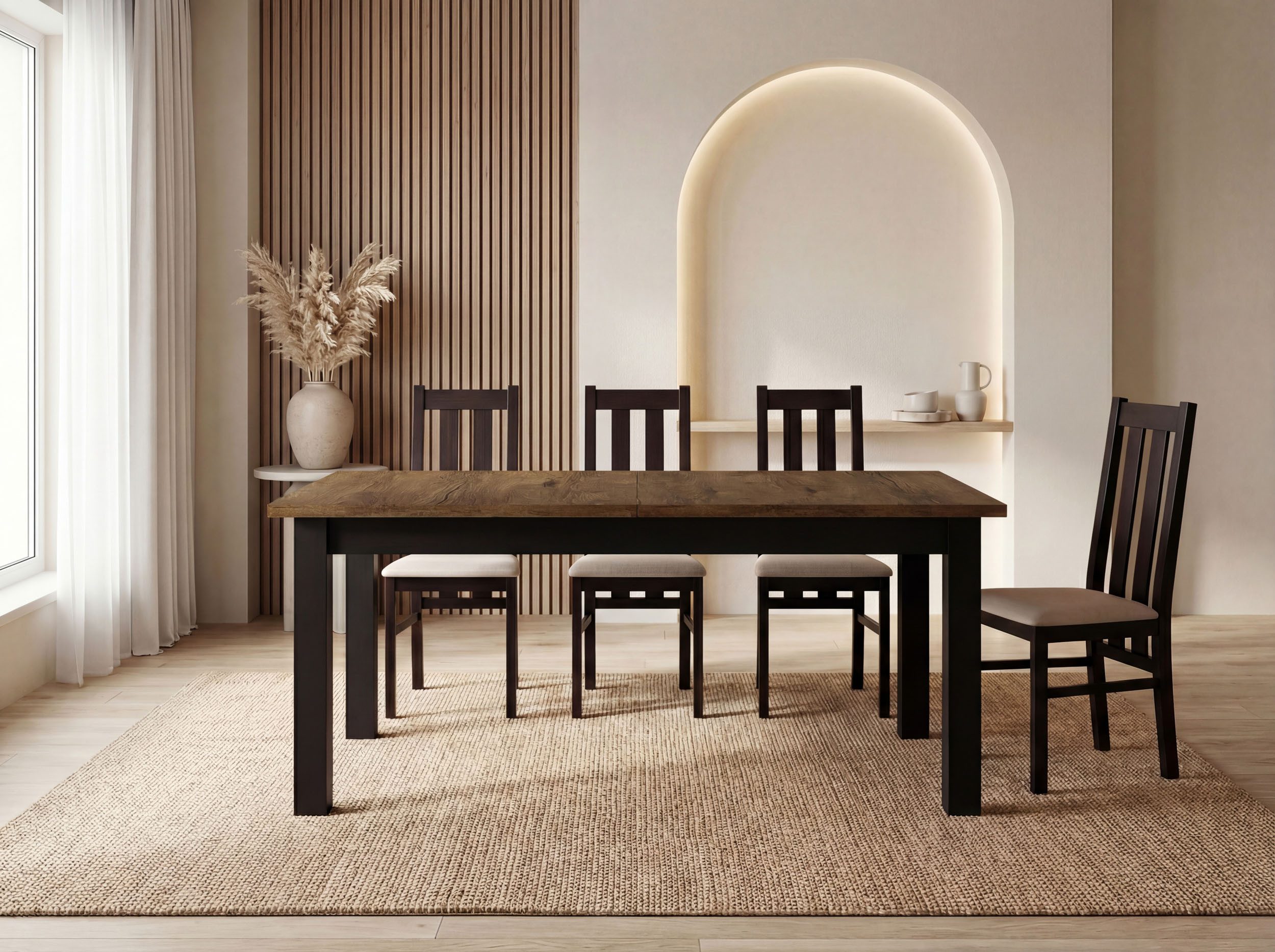 WFL GROUP Esstisch Lindberg ausziehbar verlängerbar rechteckig mit schwarzen Holzbeinen (MADE IN EU, XXL Groß– 120/140/150/160/200 cm ausziehbar auf 160/180/190/240/300 cm), platzsparender Tisch in Holzoptik für Küche, Esszimmer oder Wohnzimmer